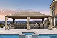 PURPLELEAF 14x24 Champagne Hardtop Gazebo: Galvanized Steel Double Roof, Reinforced Posts, Curtains & Netting for Patio Deck