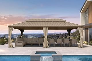 PURPLELEAF 14x24 Champagne Hardtop Gazebo: Galvanized Steel Double Roof, Reinforced Posts, Curtains & Netting for Patio Deck