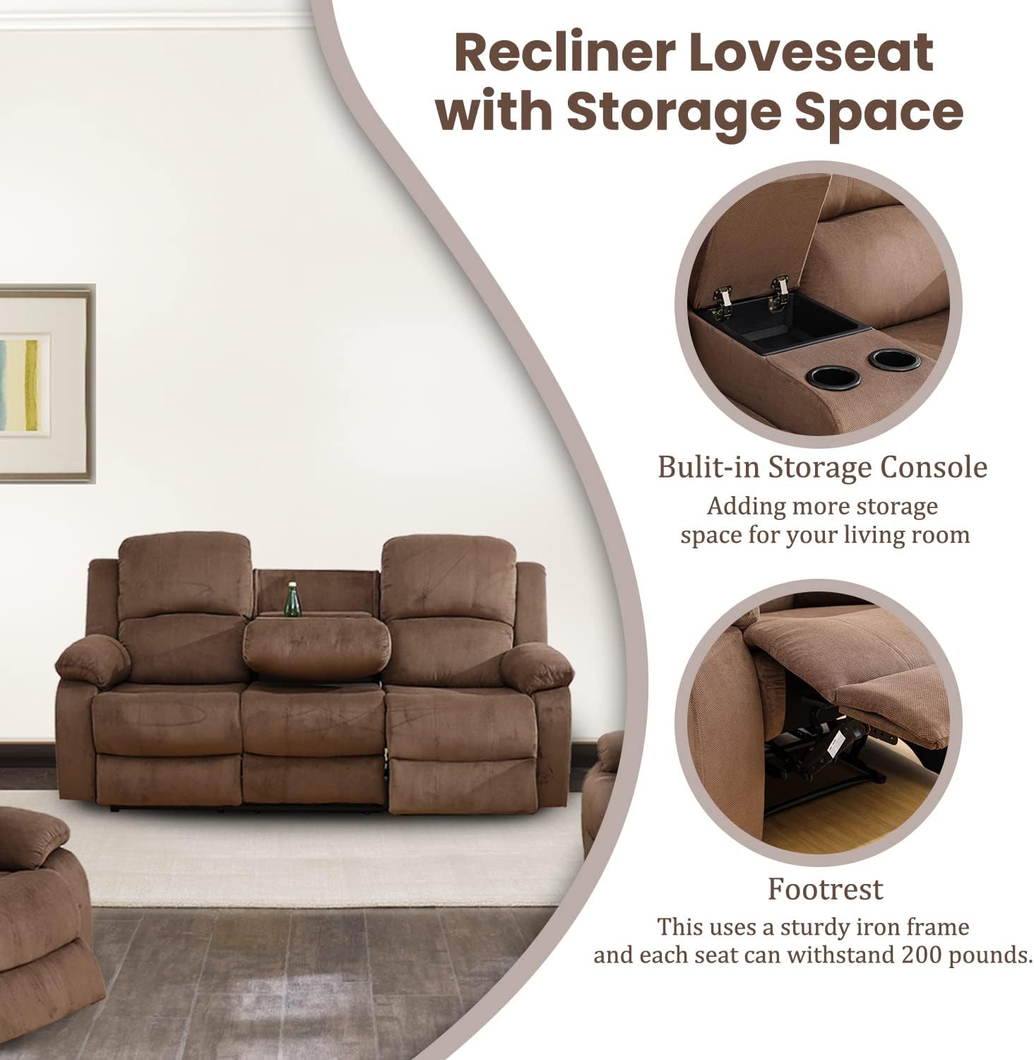 Recliner Sofa Set for Living Room, 2 Piece Living Room Furniture Set, 3 Seat Reclining Sofa and Loveseat with Cup Holder and Storage Console (Brown)