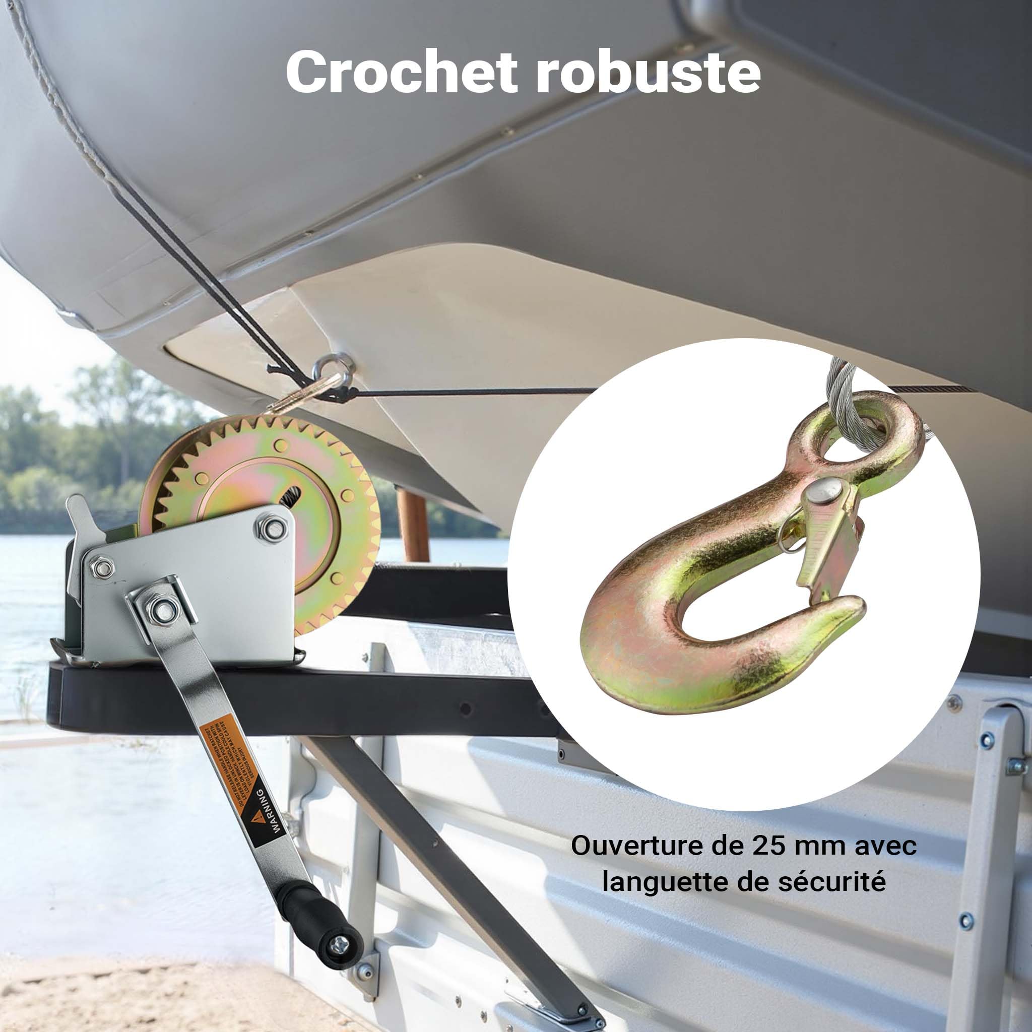 Wiltec Treuil à câble manuel de halage - en Acier galvanisé - Charge max. 720 kg - câble 10 m - Rapport de transmision 4:1 - avec Manivelle - pour Bateau Auto