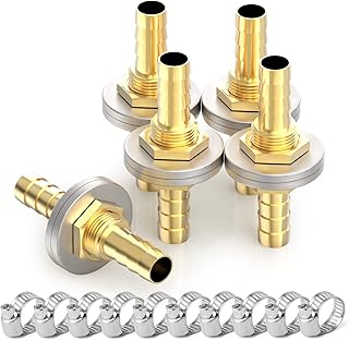 GASHER 5PCS Brass Hose Barb Thru-Bulk Bulkhead Fitting 1/4" to 1/4" Barb Hose, Straight Hex Union Fitting with 10PCS Hose Clamp