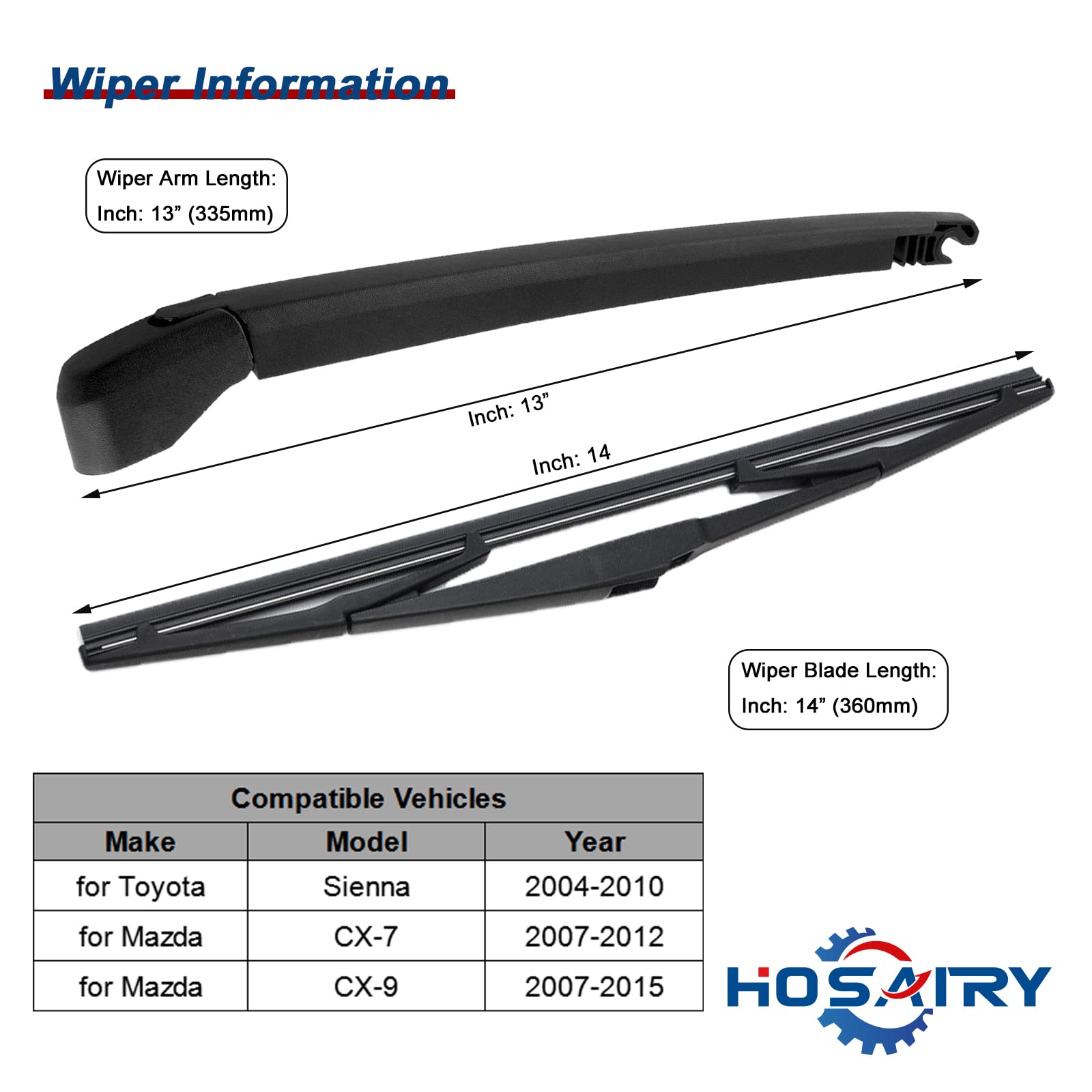 HOSAIRY Rear Wiper Arm & Blade Set For Toyota Sienna 2004-2010 & Mazda CX-7 CX-9 2007-2015 - View #9