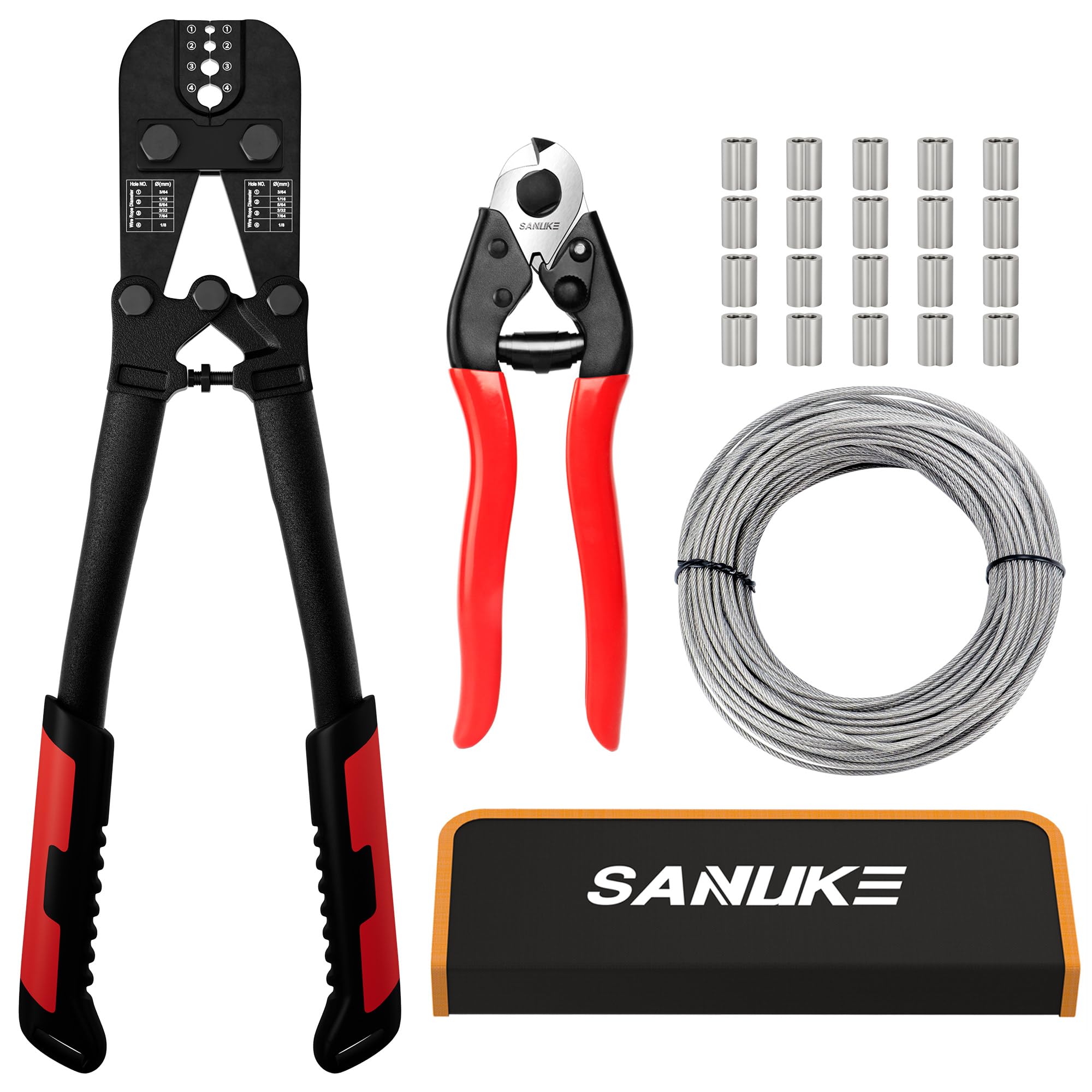 Sanuke Wire Rope Crimping Tool Kit, 33ft 1/8" Steel Cable and Cutter