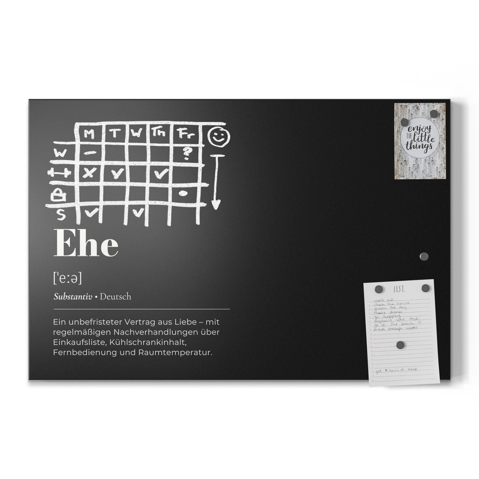 DEQORI Magnetische Kreidetafel mit UV-Druck | Motiv Ehe - Definition | Design rechteckig 60x40 cm | Kreide Metalltafel beschreibbar – Wanddeko für Küche, Flur, Kinderzimmer & Büro