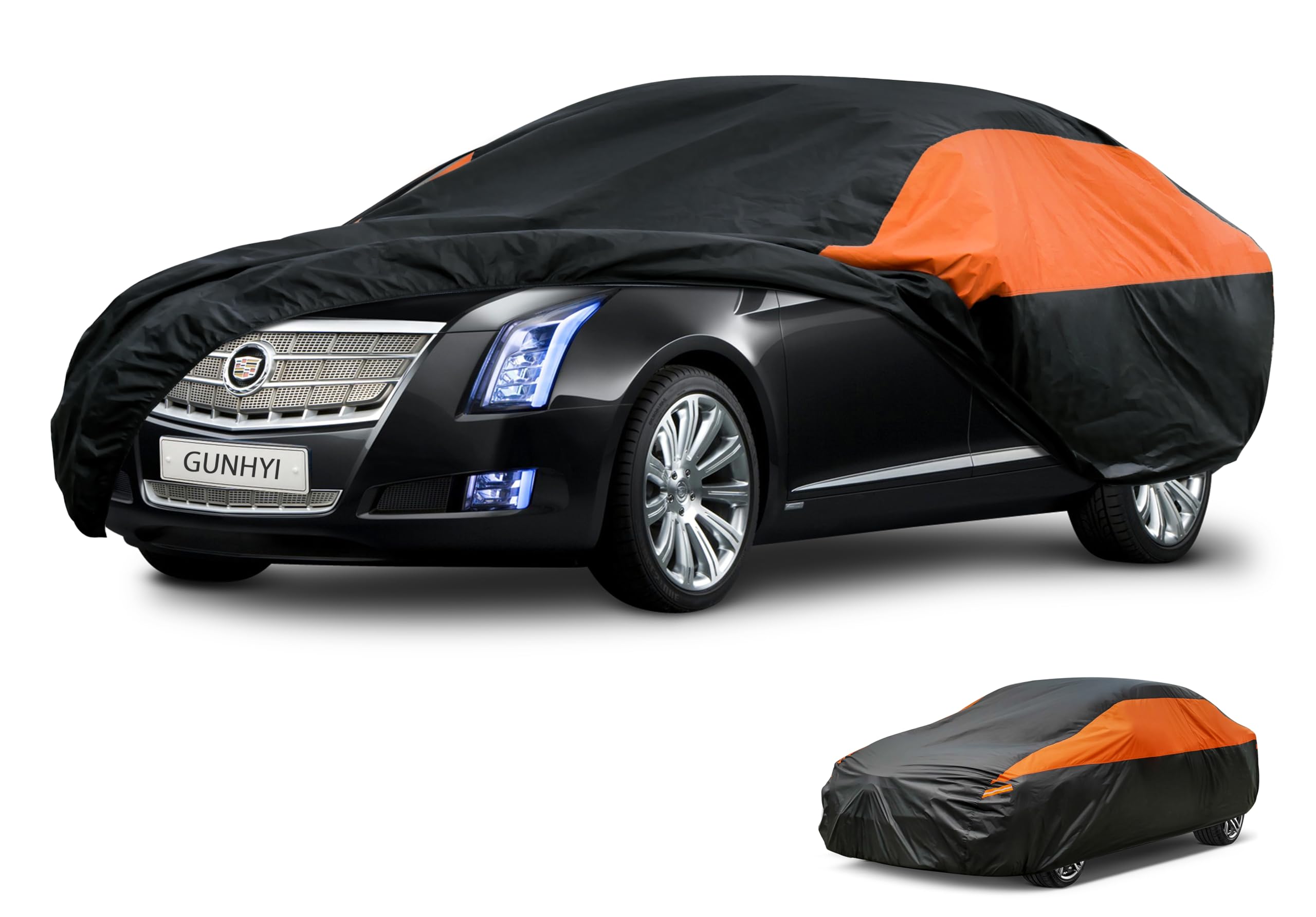 GUNHYI Waterproof Lightweight Sedan Full Car Cover Custom Fit Cadillac XTS | All‑weather Outdoor sun/rain/dust/snow/wind/UV protection, breathable tear‑resistant fabric, black‑orange design,storage bag