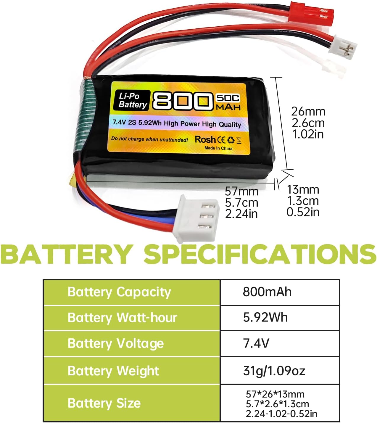 sea jump 2PCS 7.4V LiPo 2S 50C 800mAh with JST and PH2.0 Plug for SCX24 RC Car Battery, Compatible with Nost 1/10, 1/16, 1/18, 1/24 Scale RC Car, Truck and RC Drone Batteries