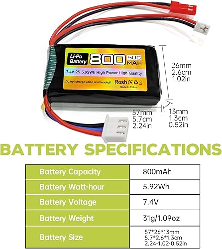 Miniatura 2 de Fytoo 2 unidades 7.4V LiPo 2S 50C 800mAh con JST y PH2.0 enchufe con cargador 2 en 1 para batería de coche SCX24 RC, compatible con la mayoría de