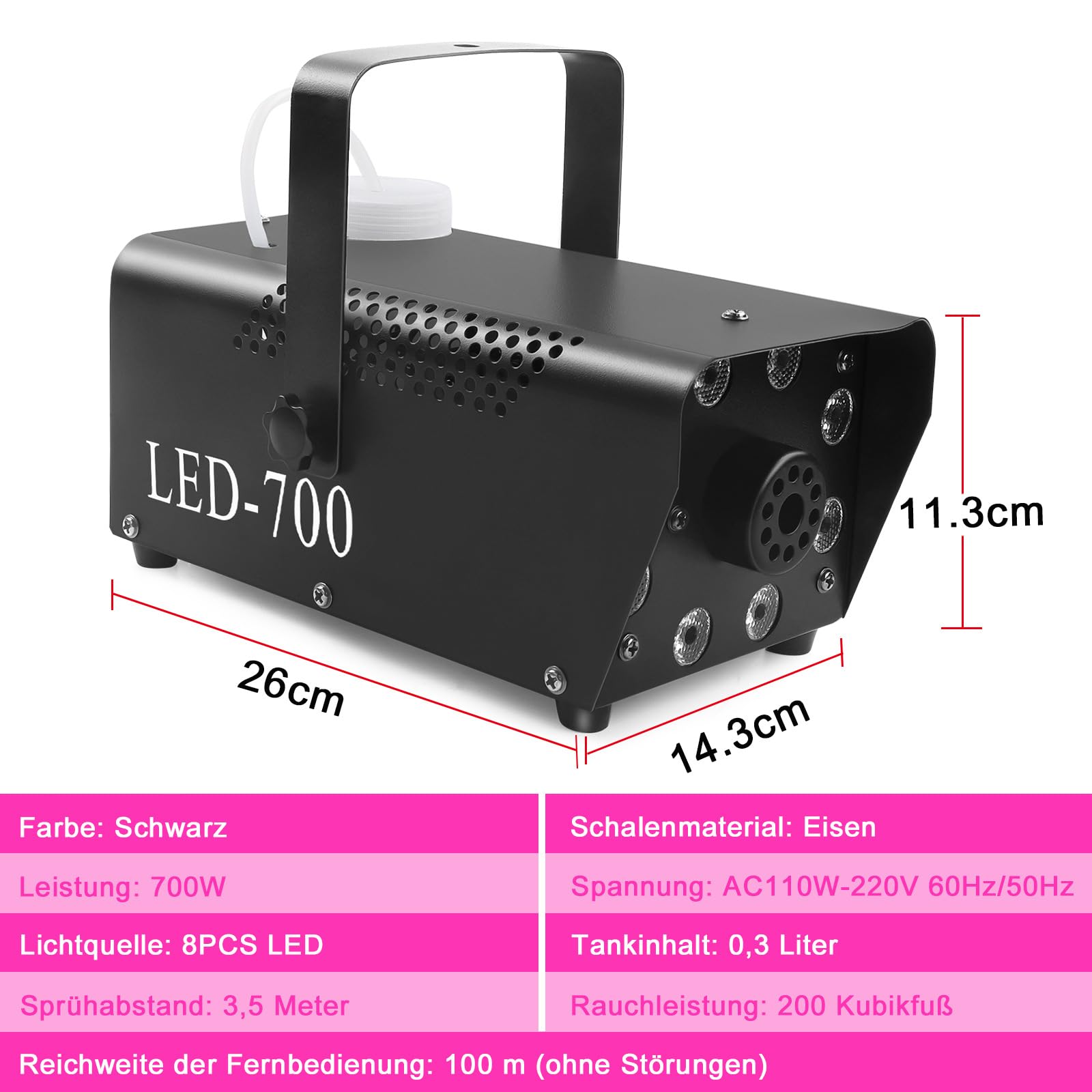Wytwornica Dymu, Mini Wytwornica Dymu 700 W Z 8 Diodami Led Rgb I 14 Kolorowymi Efektami Świetlnymi Led, Automatyczny Cykl Dymu 3,5 M Na Imprezę Halloween, Efekt Sceniczny Weselny