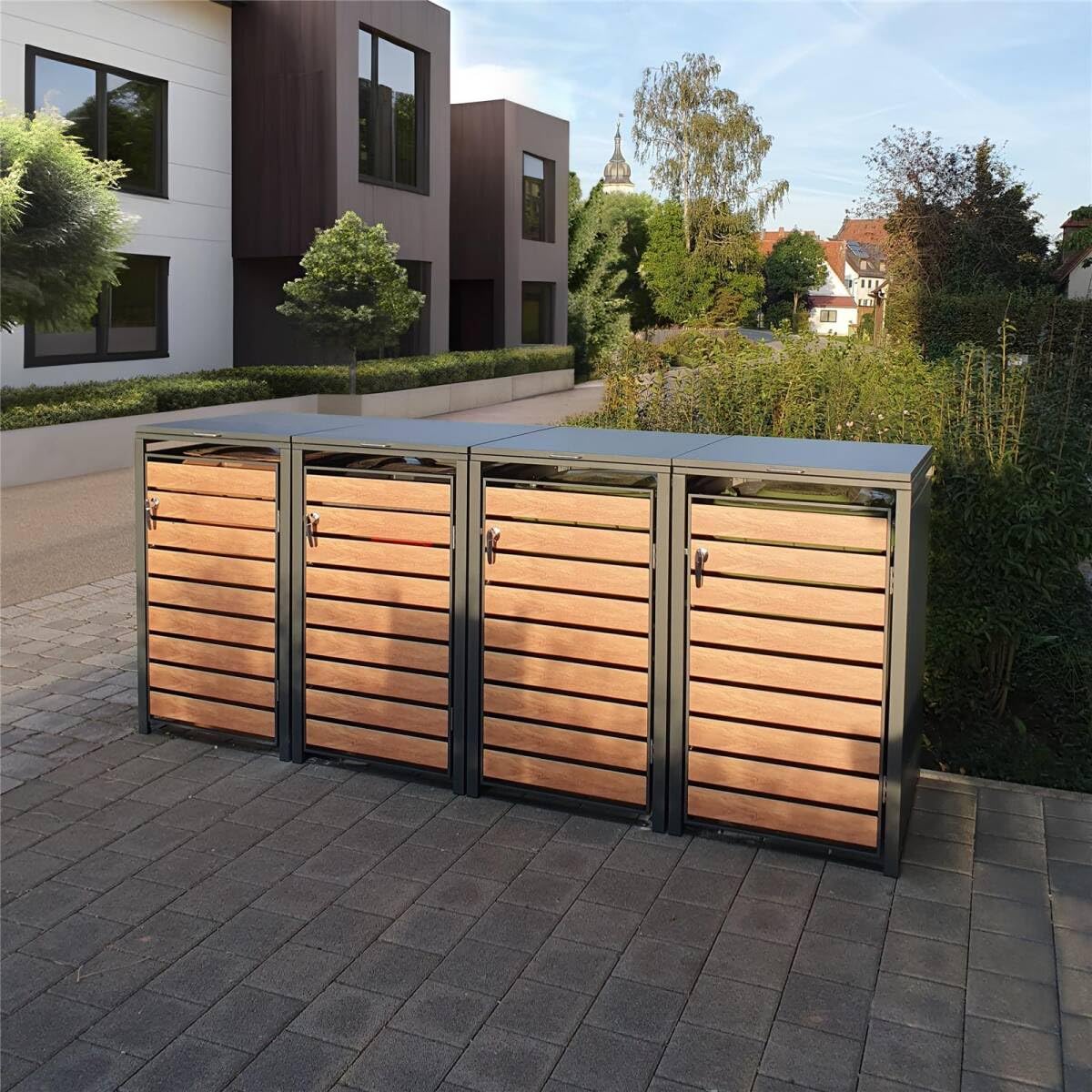 Metzler Mülltonnenbox in Anthrazit & Holzoptik 4er 240L, Mülltonnenverkleidung 4 Tonnen, witterungsbeständiger und pulverbeschichteter Stahl mit Automatikdeckel, Müllbox abschließbar