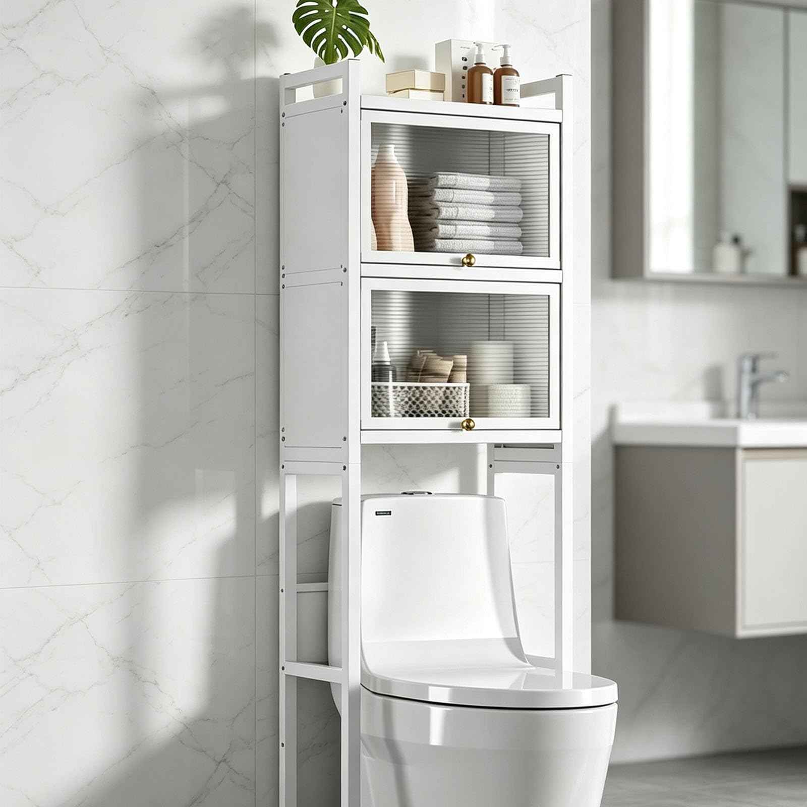 Mobile Portaoggetti Sopra WC, Armadietto Bagno a 3 Livelli con Ante