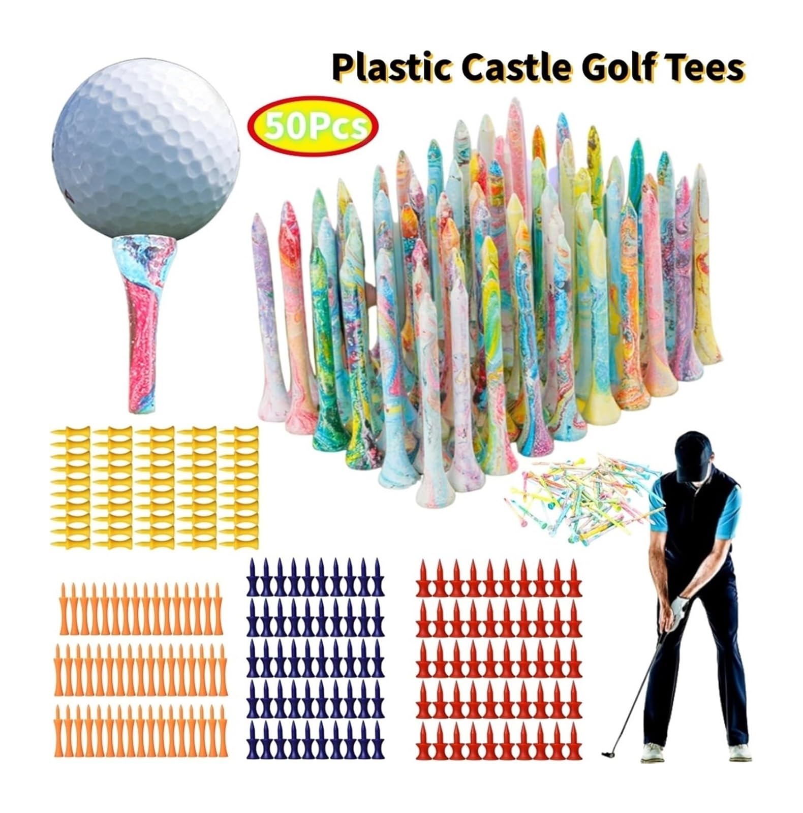 Premium-Golf-Tees, Golf-Tees, 50 Stück, 70 mm, Holz, bunt, Ballhalter, Training, Praxis, Stallzubehör