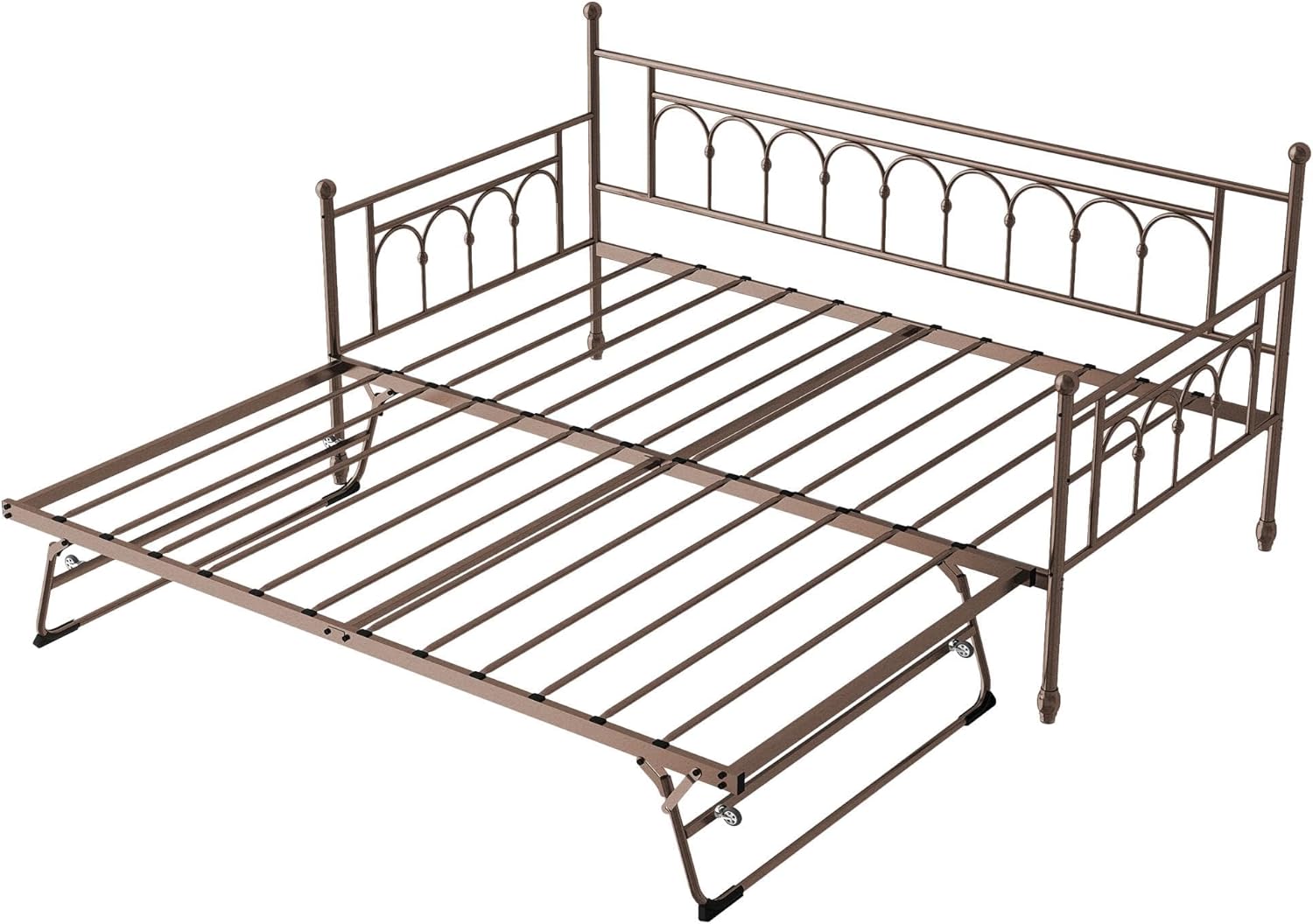 Day Bed with Trundle Bed Twin Pop Up, Height Adjustable Twin Daybed with Trundle Pop Up, Metal Sofa Bed Frame with Steel Slat Support for Living Room, Bedroom and Guest Room, Bronze