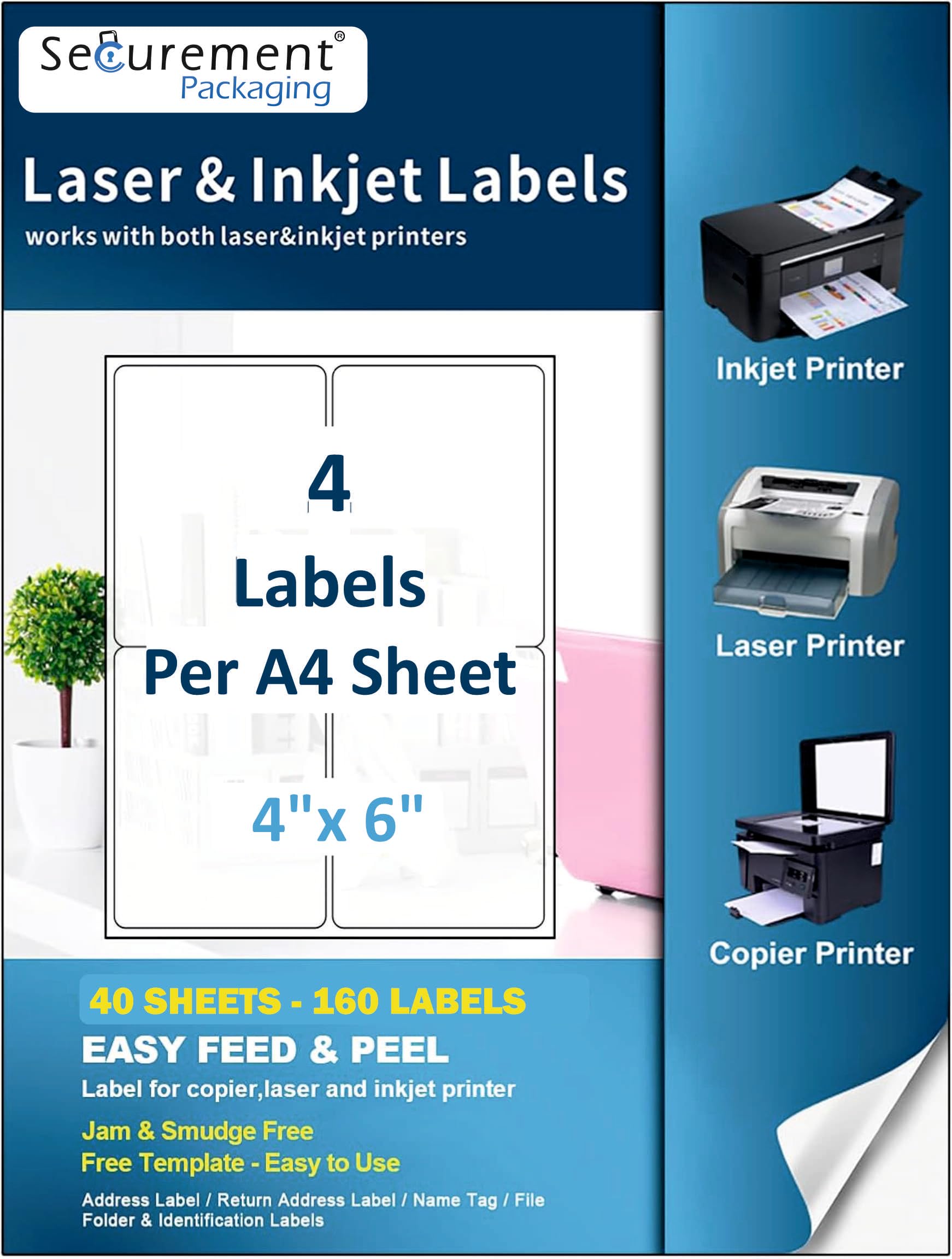Securement Sticker Paper a4 Size for Printer with 4 pre Cut Labels per Sheet (40 Sheets) - 160 Labels