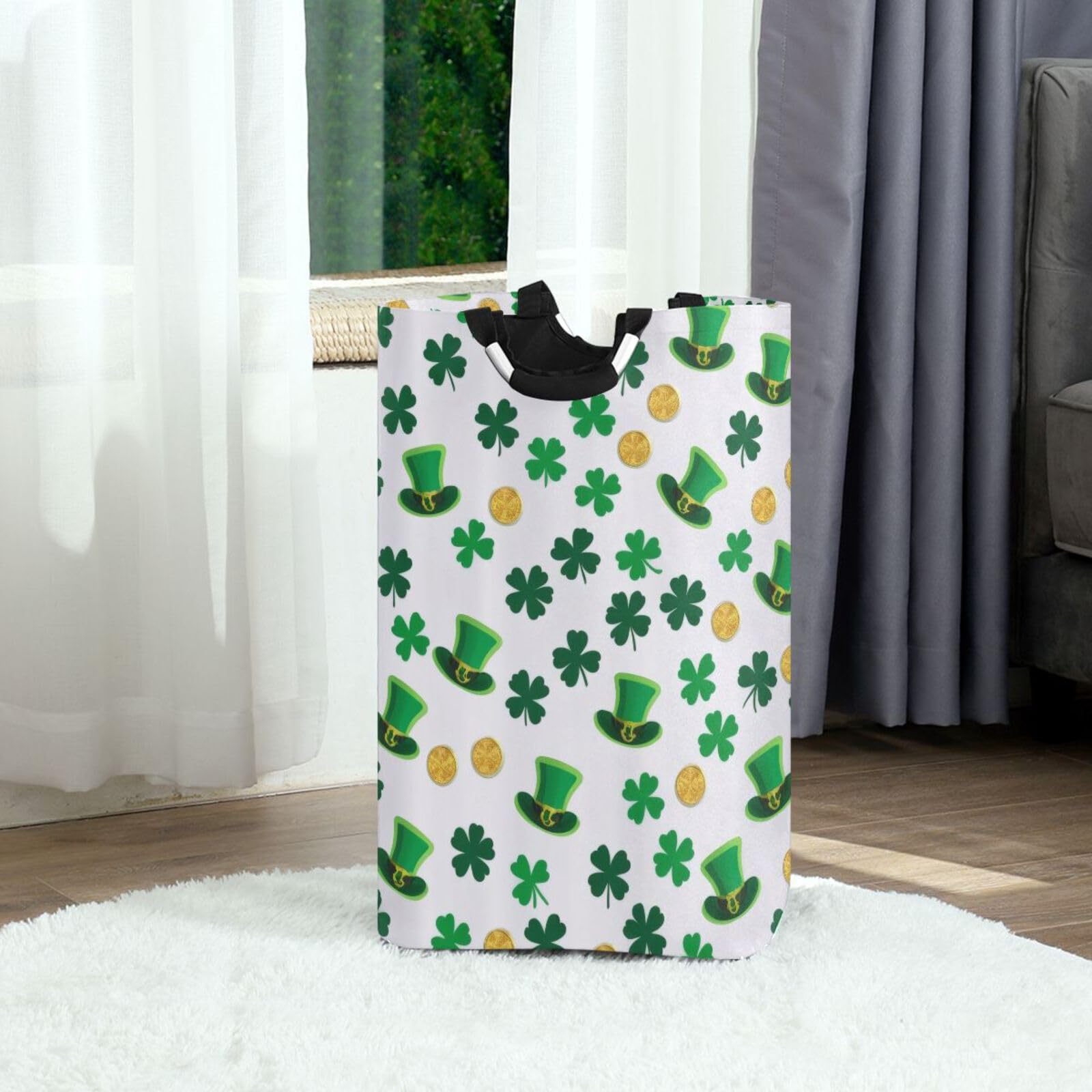 Jihqo Laundry Hamper Basket St Patrick's Clover Pattern Collapsible Nursery Storage Bin Waterproof Clothing Baskets for Home Bedroom Bathroom Washing Room