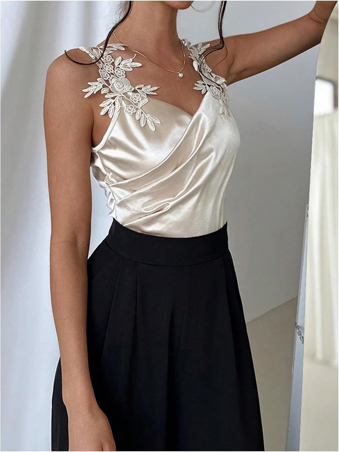 SweatyRocks Women's Appliques Sleeveless Bodysuit Ruched Wrap V Neck Dressy Shirts - Image 3