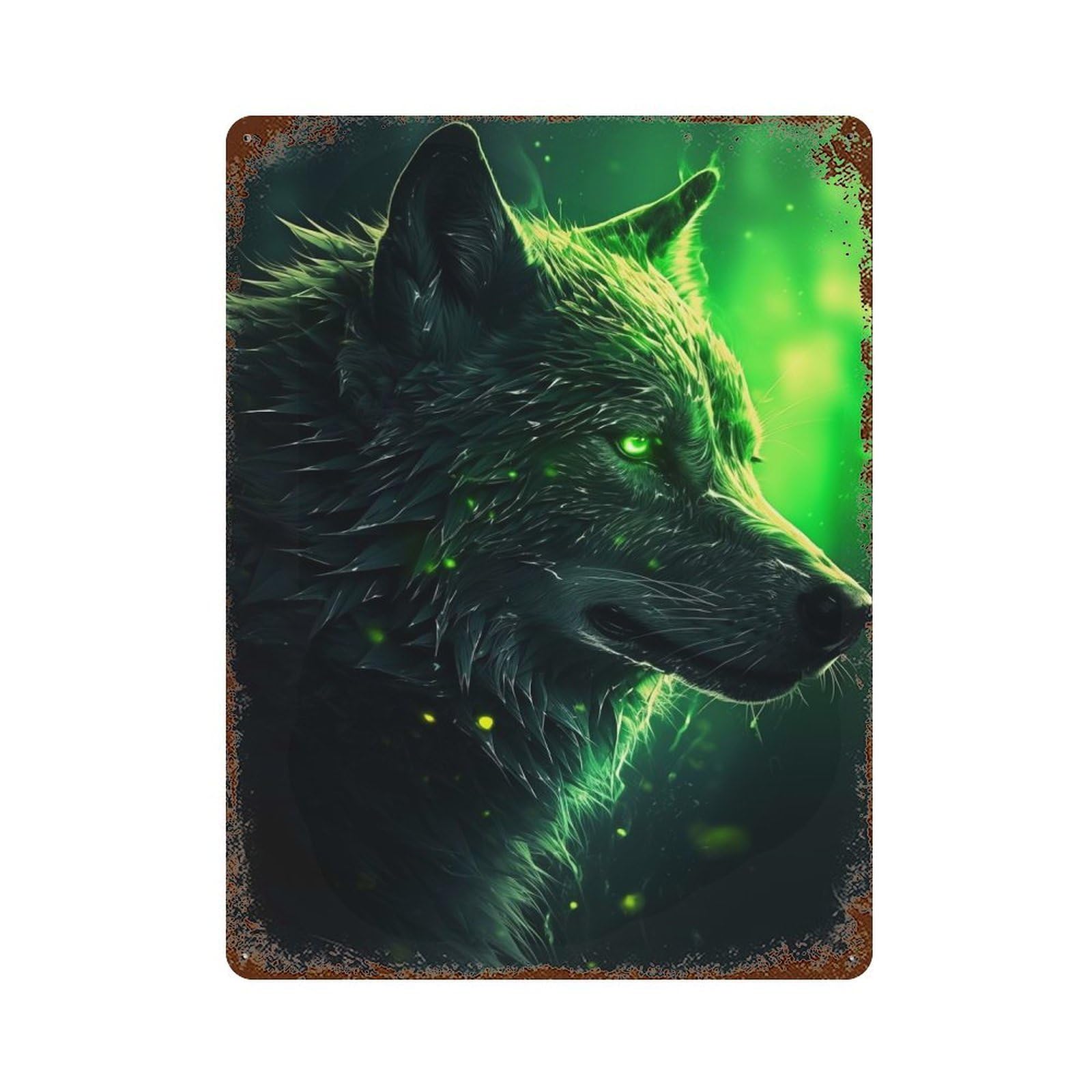 Rust Effect Black Wolf Green Eyes Rusty Metal Tin Sign 15.7"x11.8", Farmhouse Wall Decor for Shed, Workshop And Garage Wall Decor