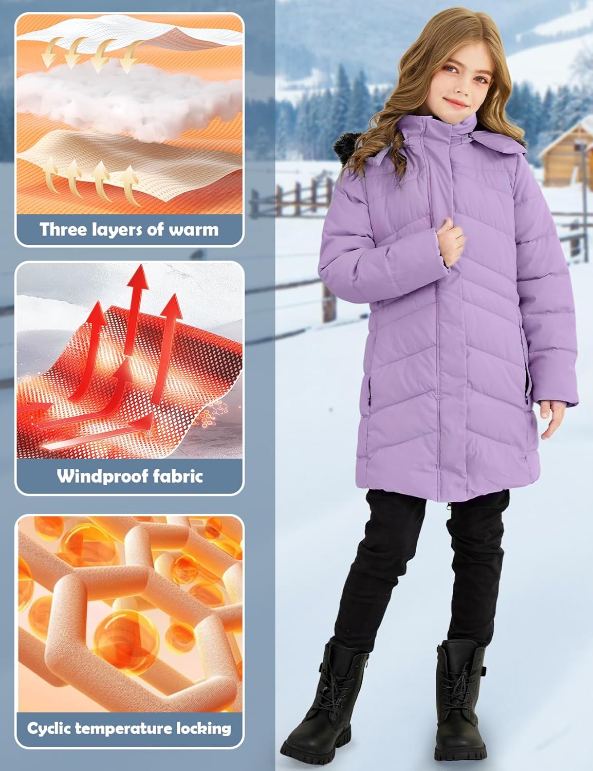 Yimoon Girl's Winter Coat Water-Resistant Warm Long Quilted Puffer Jacket Fleece Lined Hooded Parka Snow Coats - Image 3