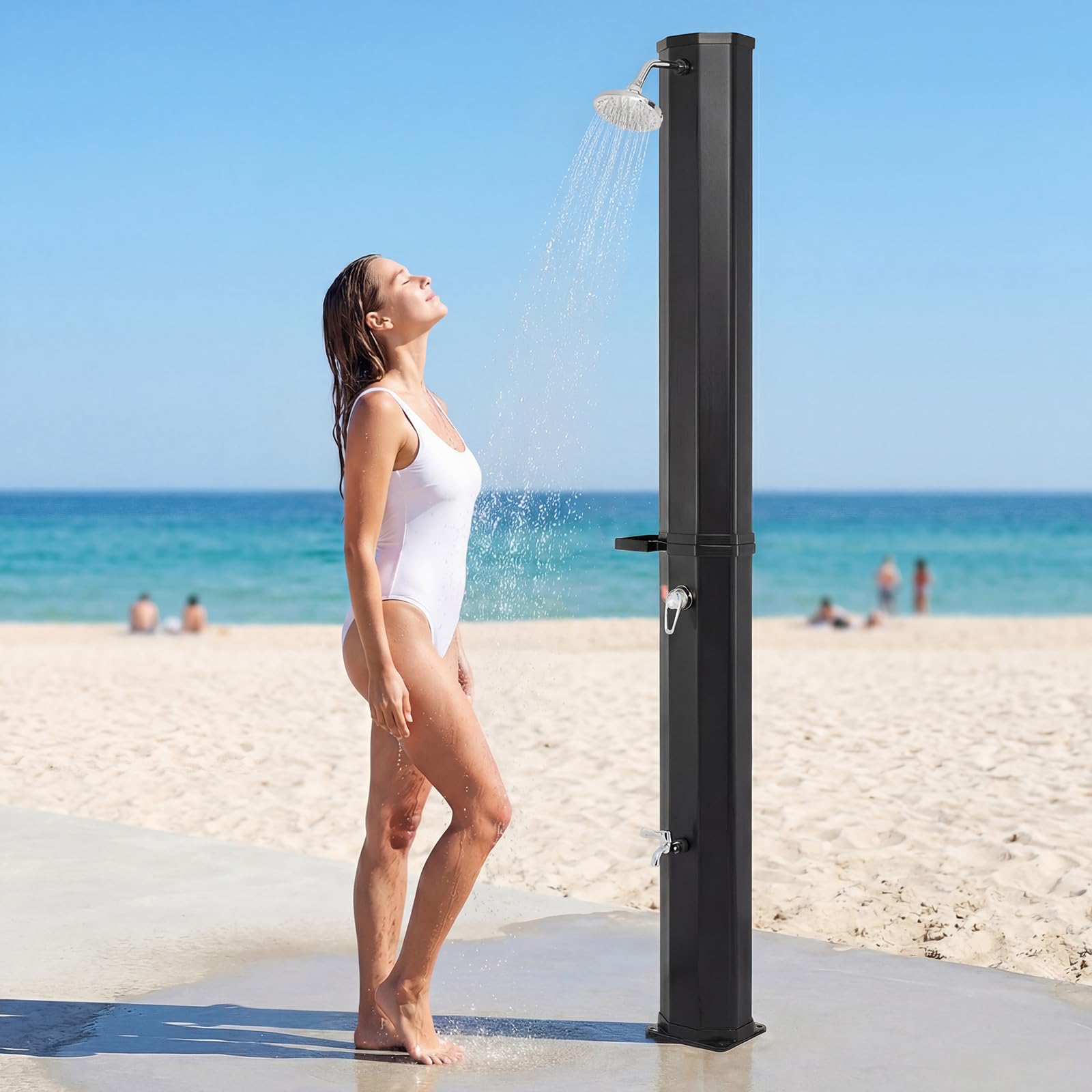 COSTWAY Solardusche 60L inkl. Abdeckung | Gartendusche mit Ablage, Regenduschkopf und Wasserhahn | warmes Wasser | max. 60°C | ohne Stromanschluss | Pooldusche Camping (Schwarz)