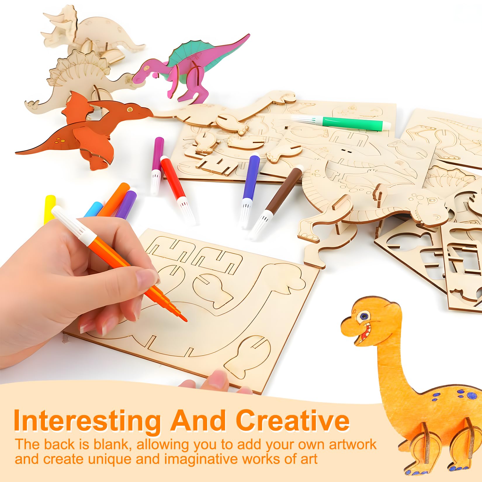 Fulushouxi Zestaw do majsterkowania z 10 dinozaurami z drewna, 3D puzzle z dinozaurami, zestaw DIY do urodzin smoka do malowania i robótek, materiały do robótek na imprezę z 12 piórami