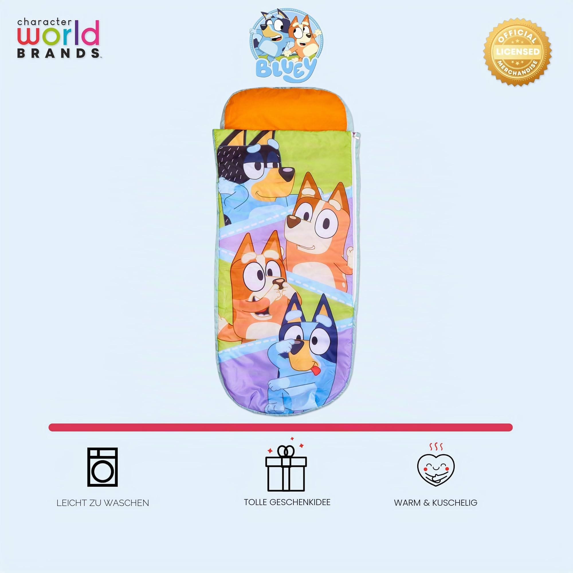 Character World Offizielles Bluey ReadyBed Kinder-Luftbett und Schlafsack in einem, aufblasbare Kindermatratze mit Tasche und Pumpe