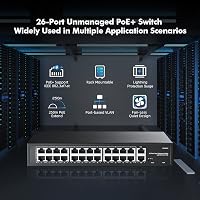 YuLinca 24 Portos PoE Switch - 10/100Mbps, 2 Gigabit Uplink, 300W, IEEE802.3af/at, VLAN, 250m PoE Hatótáv, Rack Szerelhető, Ventilátor Nélkü 2