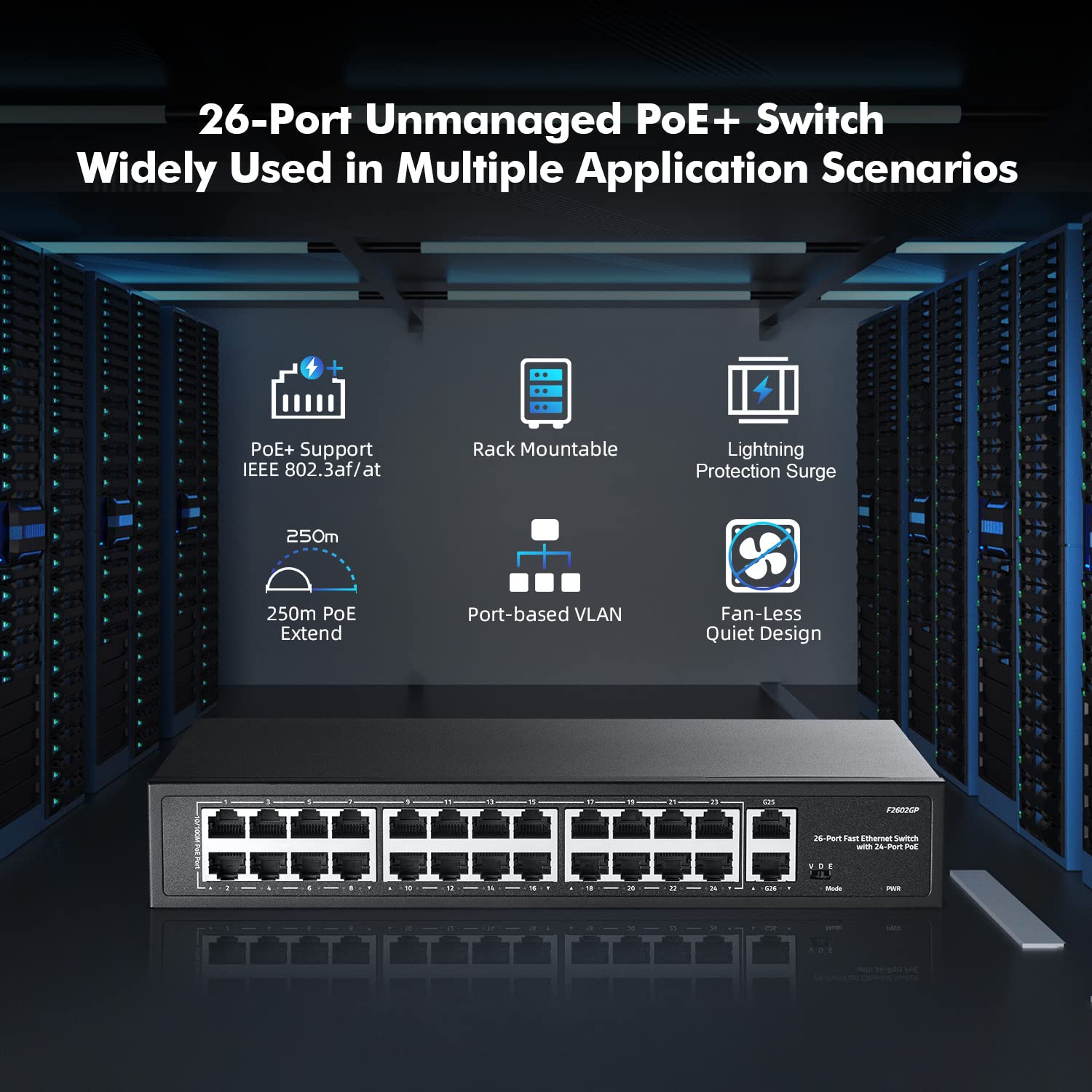 YuLinca 24 Port PoE Switch, 10/100Mbps PoE+ Ports, 2 Gigabit Ethernet Uplink, IEEE802.3af/at, Max 300W, VLAN & PoE Extend 250m, RackMount Fanless Unmanaged Ethernet Switch