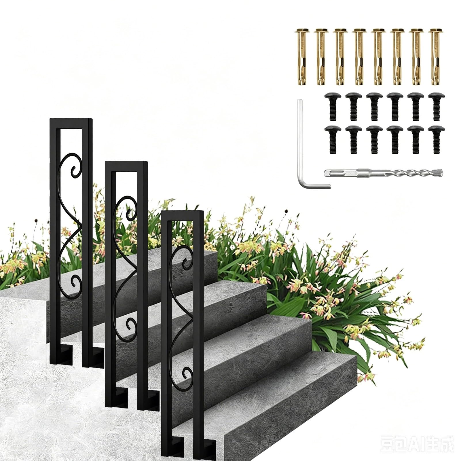 Side Mount Stair Railing Handrail for Outdoor Concrete Steps Wrought Iron Hand Rail Stairs Porch Deck Handrail Picket Fits 1 Steps Grab Rails, Black(B,75cm/30in)