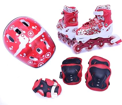 IRIS Kids Adjustable Inline Skates with Protective Pads, Gloves and Helmet, Size: 6-8 UK (Red+White)