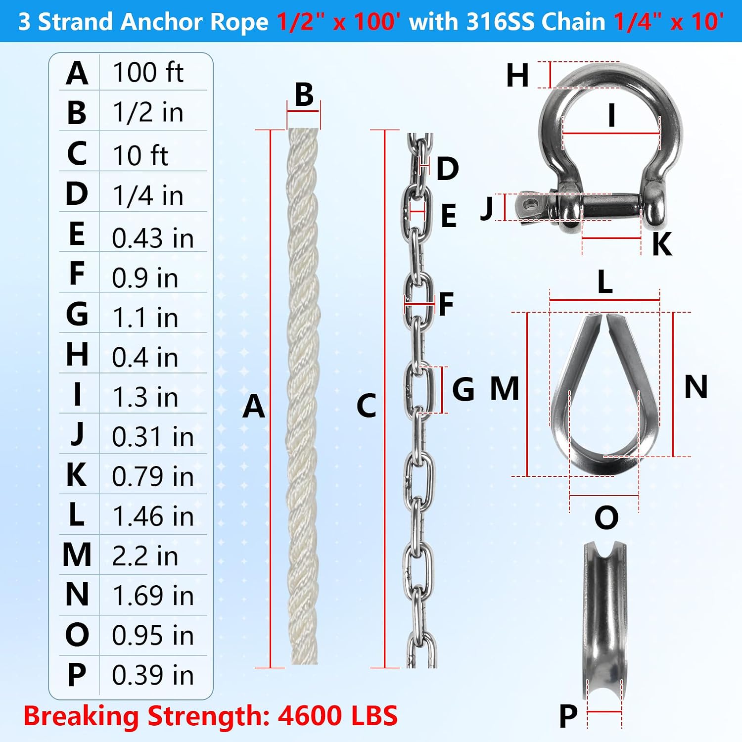 1/2" Anchor Rope 100 FT with 1/4" x 10 FT 316 Stainless Steel Chain, Anchor Line 3 Strand with Thimble & Shackle, Boat Anchor Rope Ideal for Towing Docking Mooring Boats Up to 35' (White)