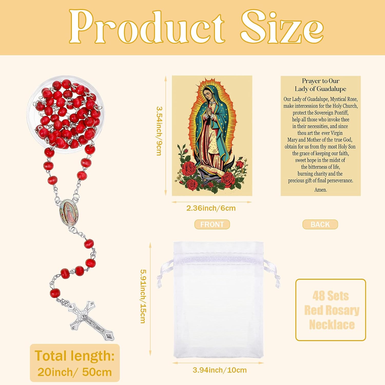 Red Rosary Beads Necklace Our Lady of Guadalupe Virgen De Guadalupe Scented Catholic Gifts with Gift Bags Cards Wooden Scented Beads for Women Men Baptism First Communion Party Favors
