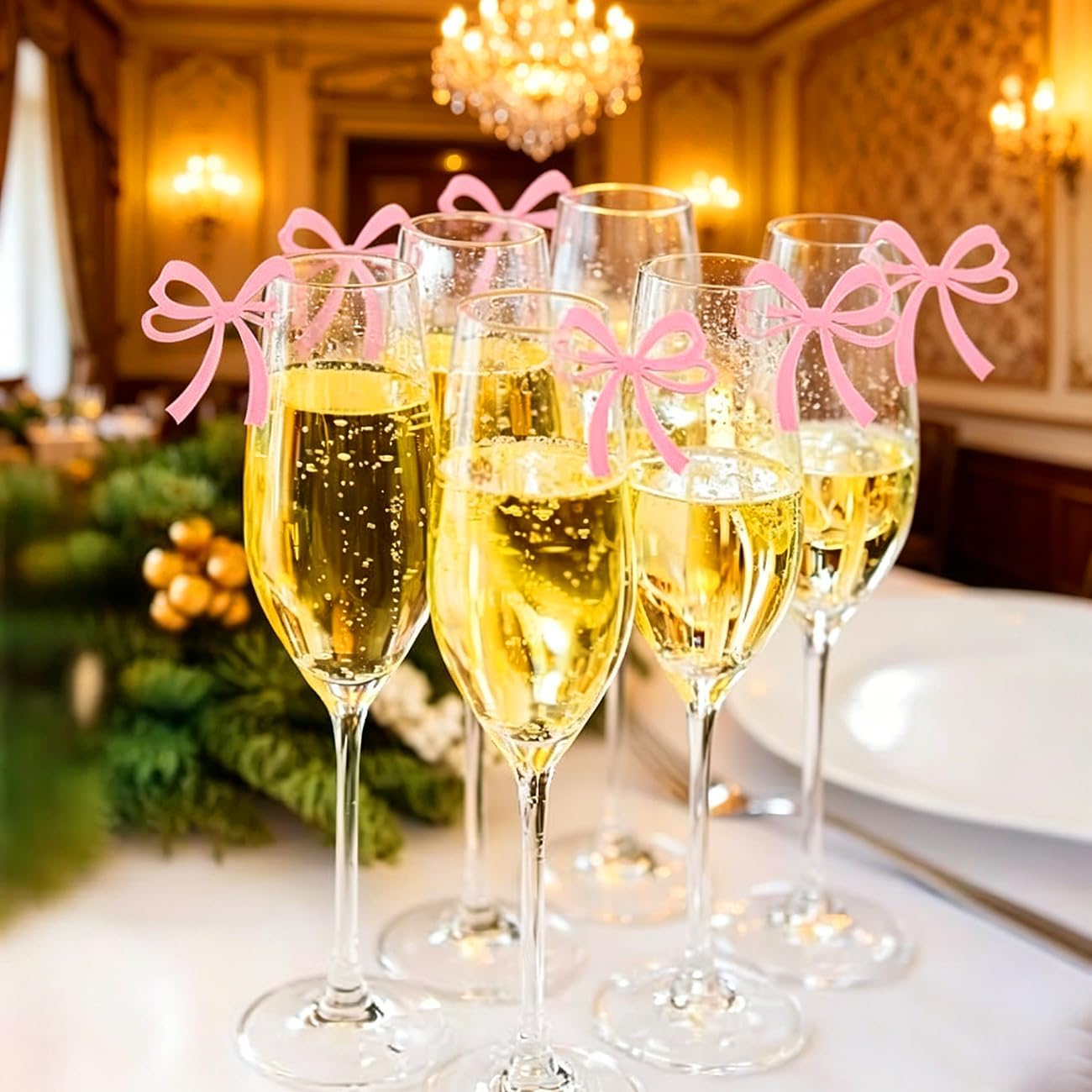 30PCS Pink Bow Drink Labels Plastic 2 x 1.9 x 0.1 inches for Glassware Champagne Glass Decorations Birthday Wedding and Party DIY Cocktail Party Accessories