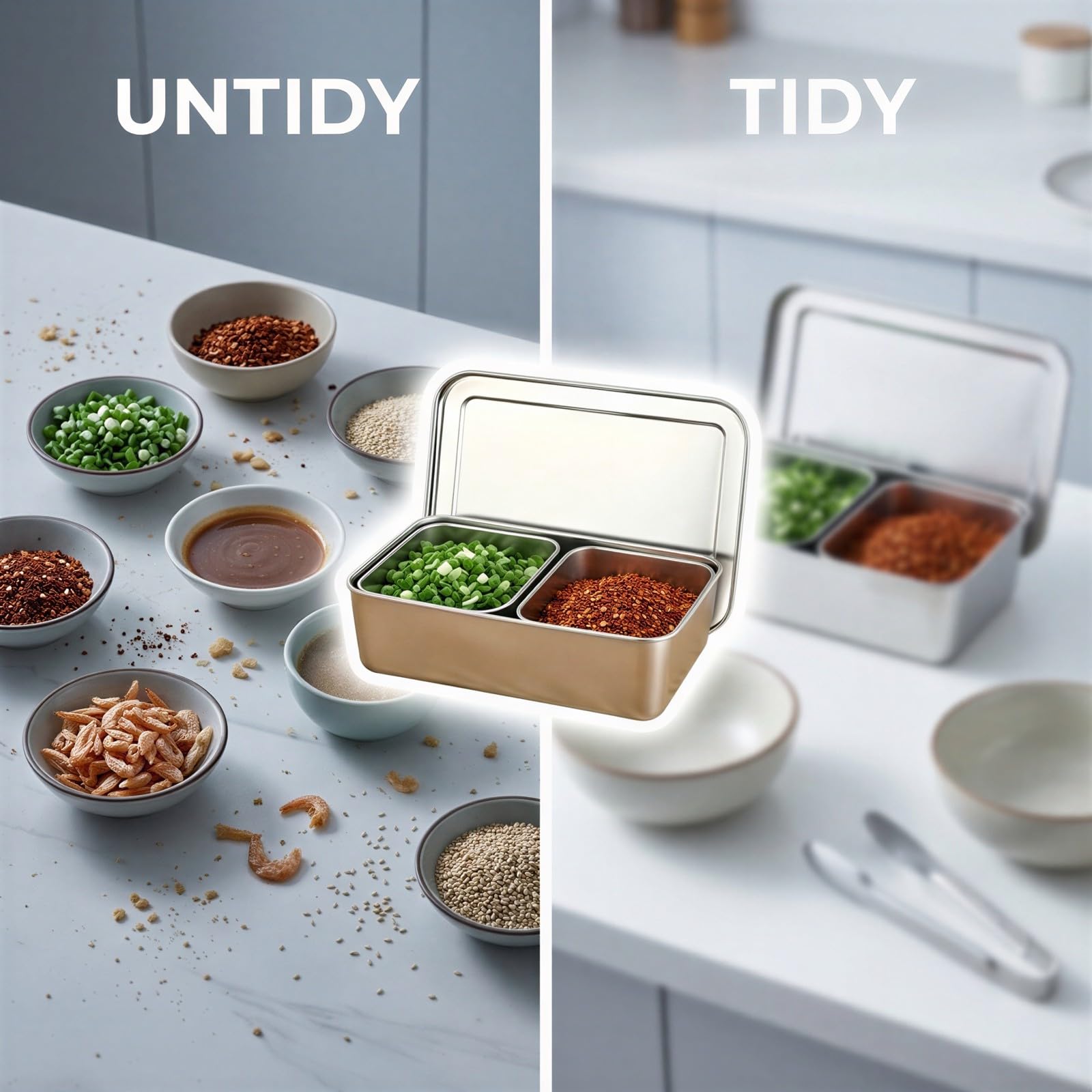Boîte à assaisonnement en inox, inserts à 2 compartiments, récipient couvert pour garnitures de gelée glacée, nouilles froides, salades de fruits, usage commercial et domestique, 22,1 x 14,5 x 7,1 cm