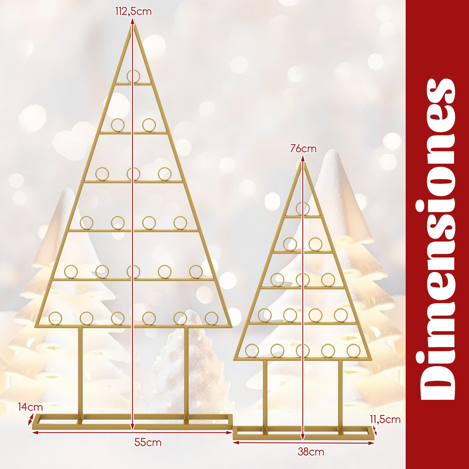 COSTWAY 2 Set Árbol de Navidad para Decoración, Árbol de Navidad de Metal con 36 Clips Redondos para Tarjetas, Fotos y Luz Navideño, Marco de Fotos para Decoración Navideña, Casa Oficina, Dorado