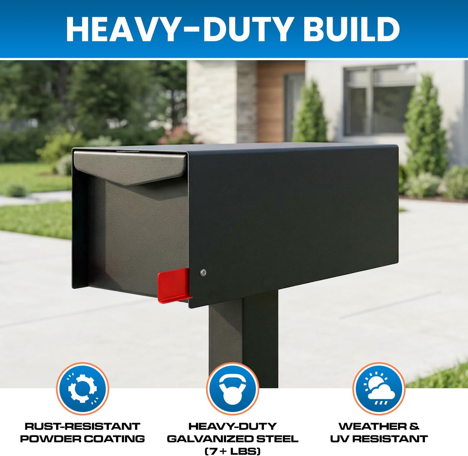 Plexon Modern Post Mount Mailbox, 1603 cu-in Capacity, Flat Top Architectural Design, Galvanized Steel Powder-Coated, 20.5 in. D x 8.5 in. W x 9.2 in. H, Matte Black