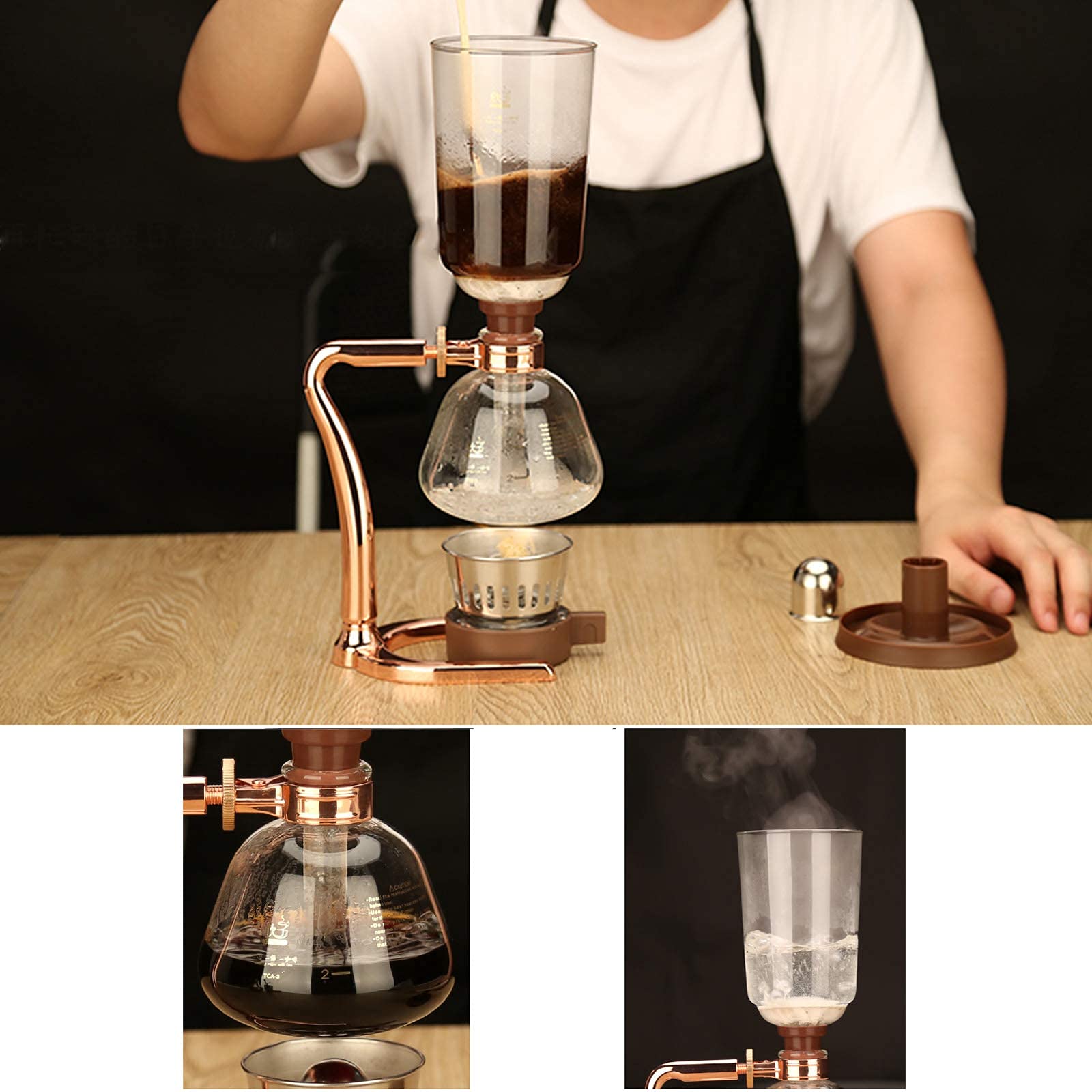 CUNTO Caffettiera a sifone Teiera a sifone, Caffettiera a sifone manuale, Caffettiera sottovuoto Tipo di vetro Filtro per macchina da caffè 3 tazze, Vetro resistente alle alte temperature,A