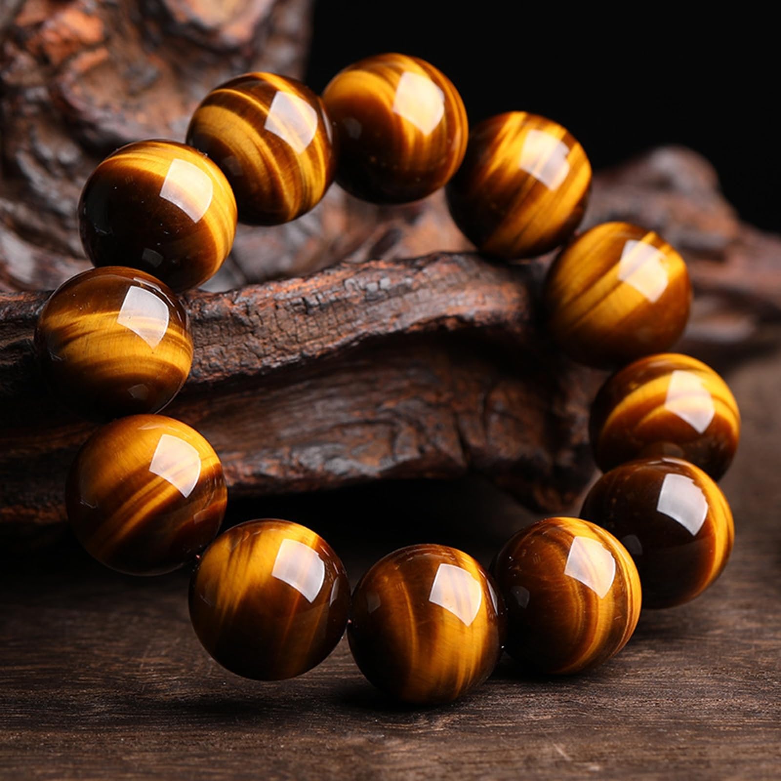 Bracciale in Pietra Naturale Occhio di Tigre Giallo - Bracciale Rigido con Perline Lucide Unisex, Gioielli Geometrici in Cristallo,10mm