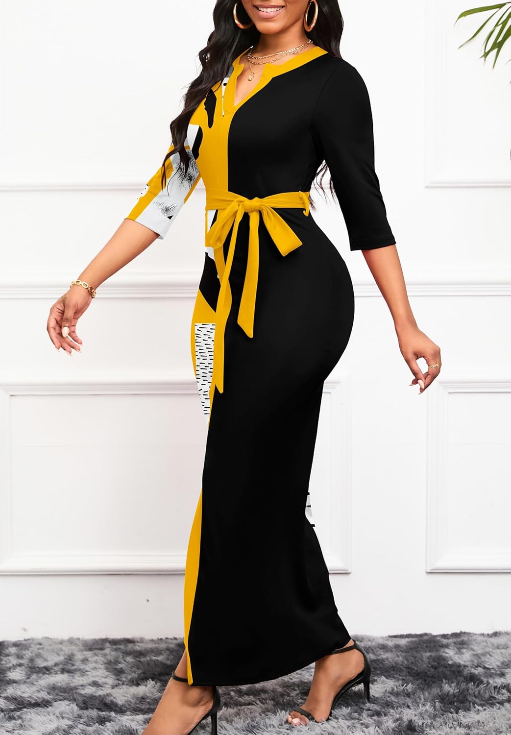 Nmoder Maxi Dress for Women Long Church Cocktail Casual Dresses Colorblock Front Split 3/4 Sleeve V Neck Pencil Dress - Image 2