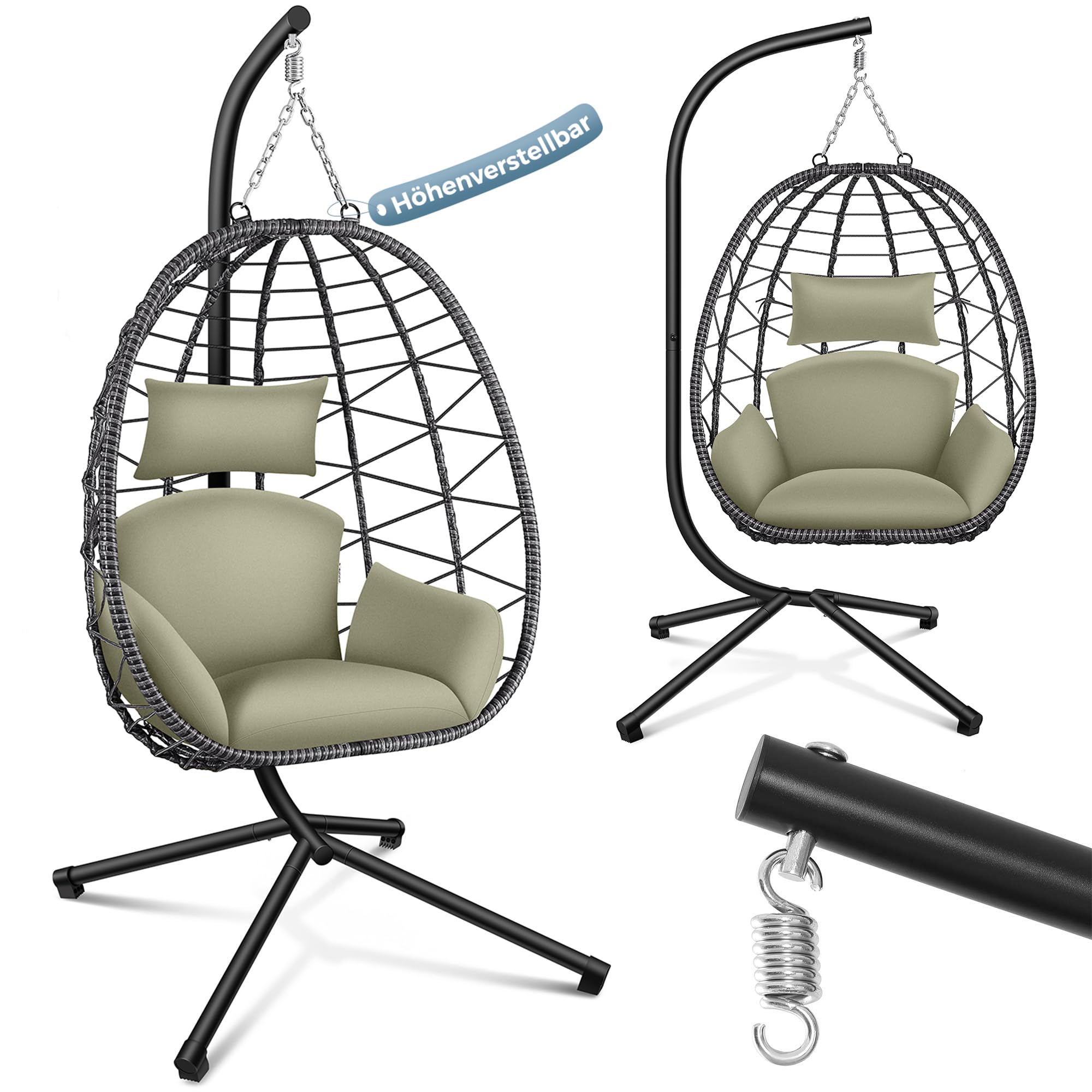 Silla Colgante con Estructura de Acero Cojines para Interior y Exterior - Columpio de Jardín Ratán Cojín Grande Peso Altura Ajustable - Sala de Estar, Balcón, Terraza en Verde/Gris