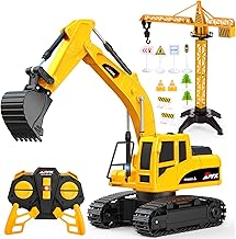 1:24 Pelleteuse Télécommandée pour Enfants 3-9 Ans, Camion Tractopelle Enfant Jouet 2.4GHz avec Grue et Accessoires (Barrières), Exterieur Jouet de Construction Garçon Fille, Cadeau d'Anniversaire