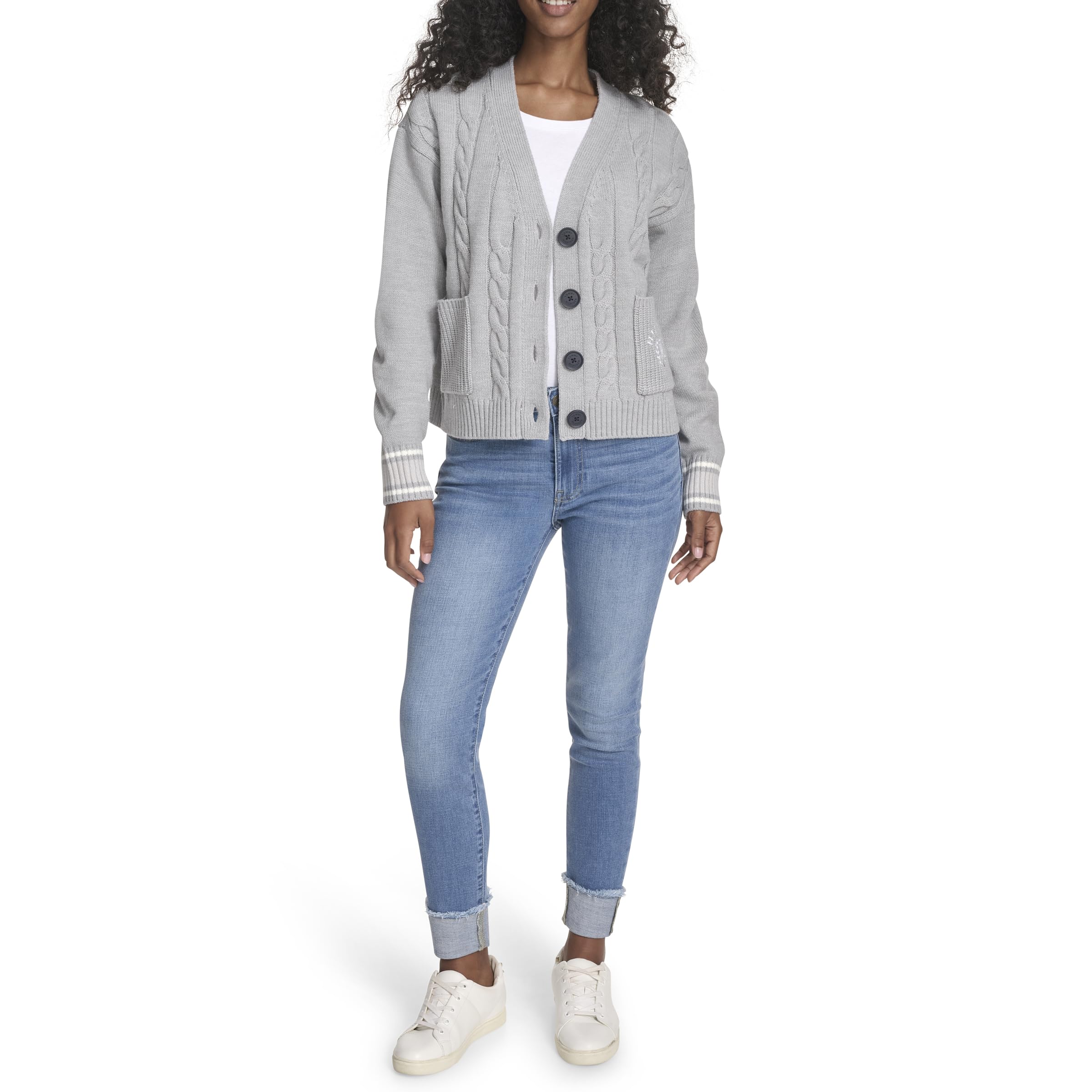 Tommy Hilfiger Damen Boxy Varsity Cable Cardigan, Medium Heather Grey Multi, X-Groß – Ansicht 2