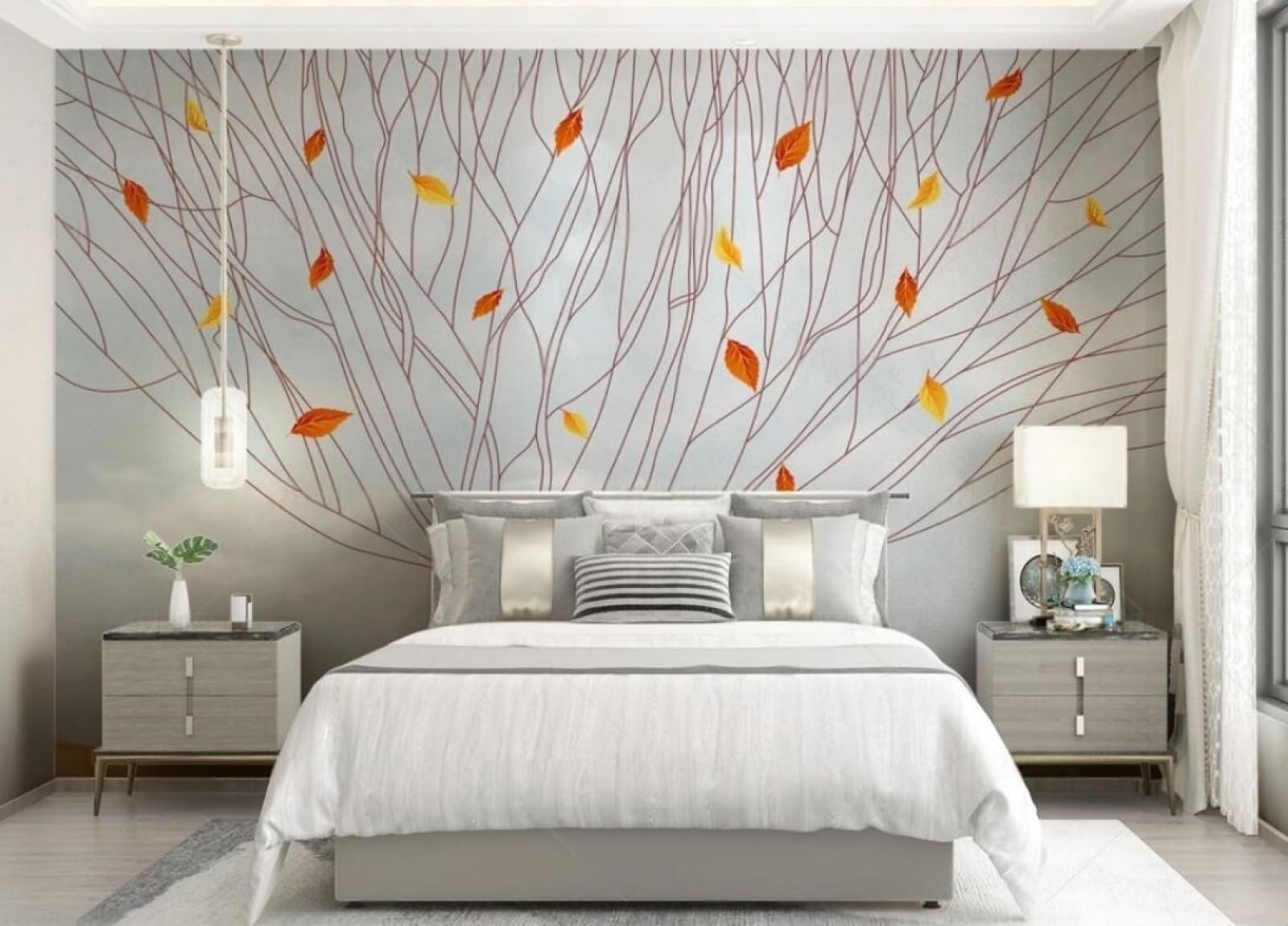 Papier peint panoramique feuilles rouges pour cacher les défauts