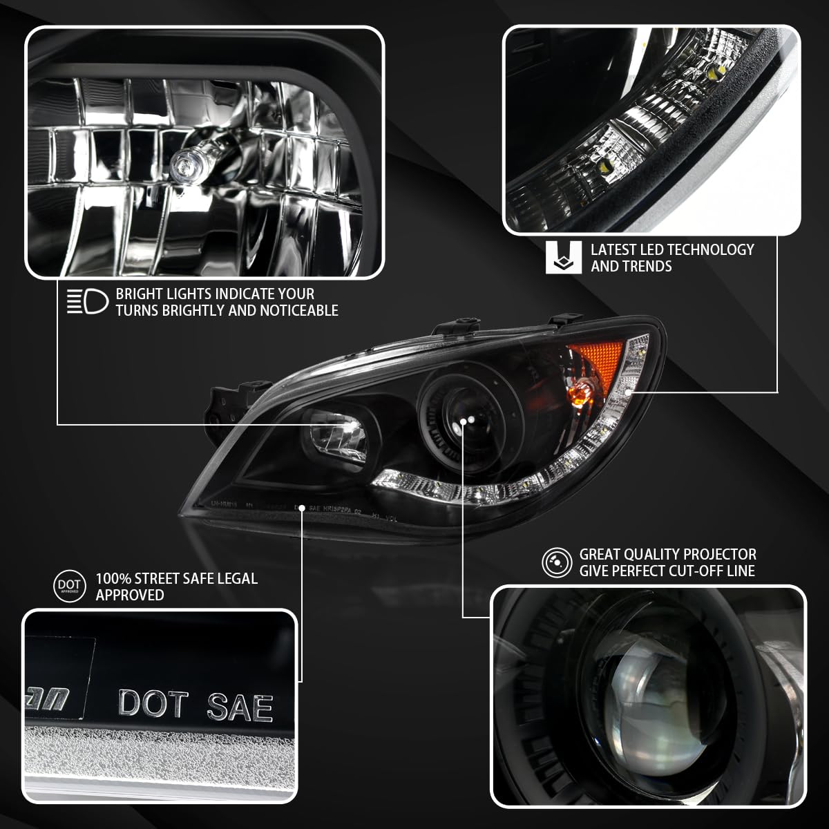 For 06-07 Subaru Impreza Black Headlights R8 LED Lamps | For 2006-2007 Subaru Impreza WRX Left Right Pair Headlamps Assembly Black Headlights R8 LED Lamps product thumbnail 4