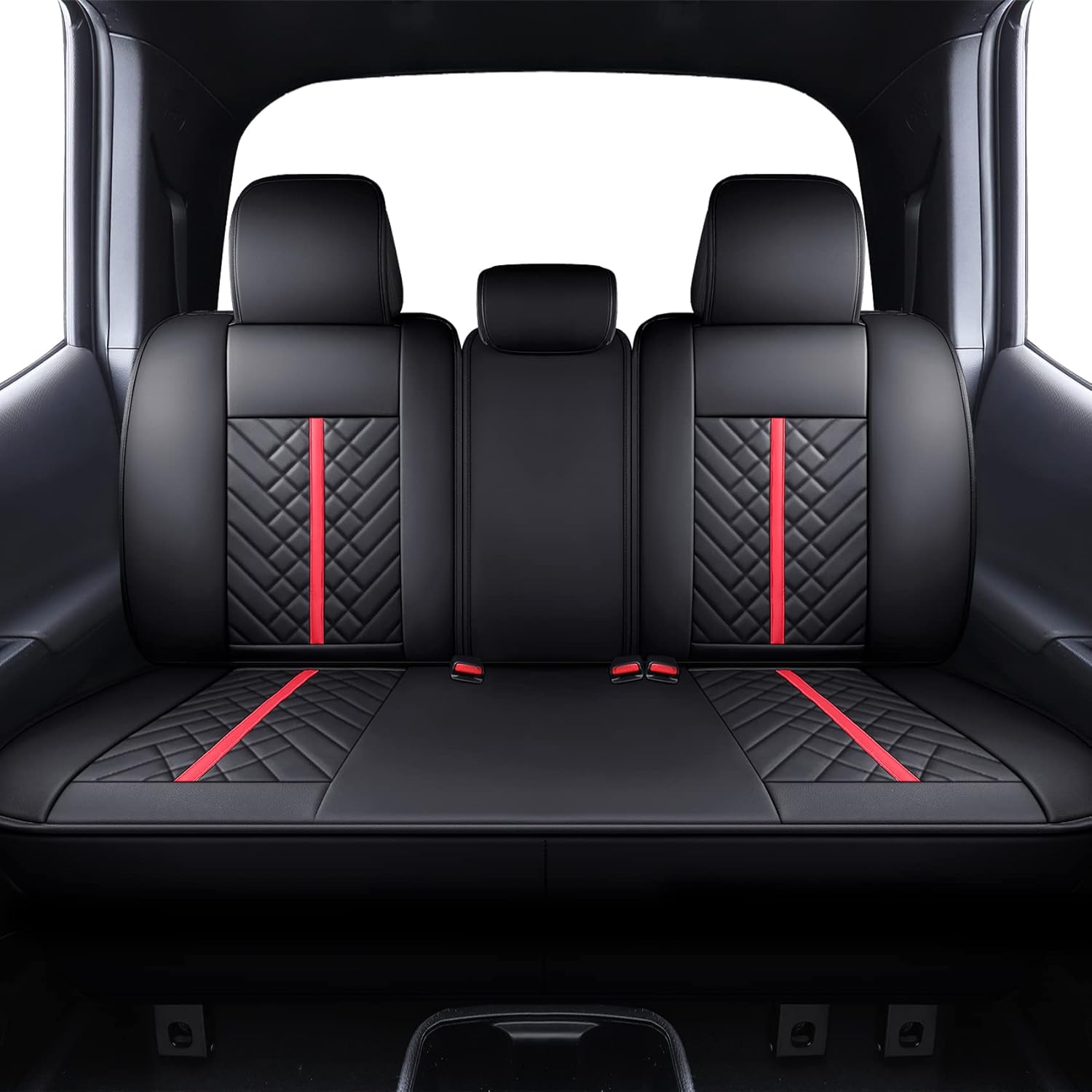 Tomatoman Tacoma Rear Seat Covers Compatible with Toyota Tacoma 2005-2025 2026 TRD Sport OffRoad Limited SR5 V6 Crew Double Extended Cab Truck Waterproof Leather Back Car Cushions(Rear Seat/Black-Red)