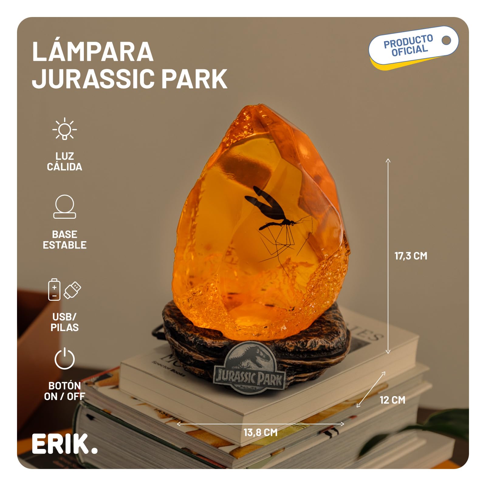 Lampara Jurassic Park Ambar, Jurassic World rebirth - Lampara escritorio Gaming o de Mesita Noche con USB o Pilas - Figura Dinosaurio con LUZ tenue para Decoración habitación : Regalo para Fans