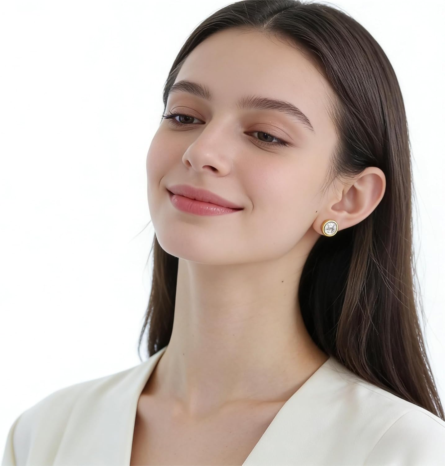 18K Gold Plated Bezel Set Cubic Zirconia Stud Earrings, S925 Posts Hypoallergenic for Women