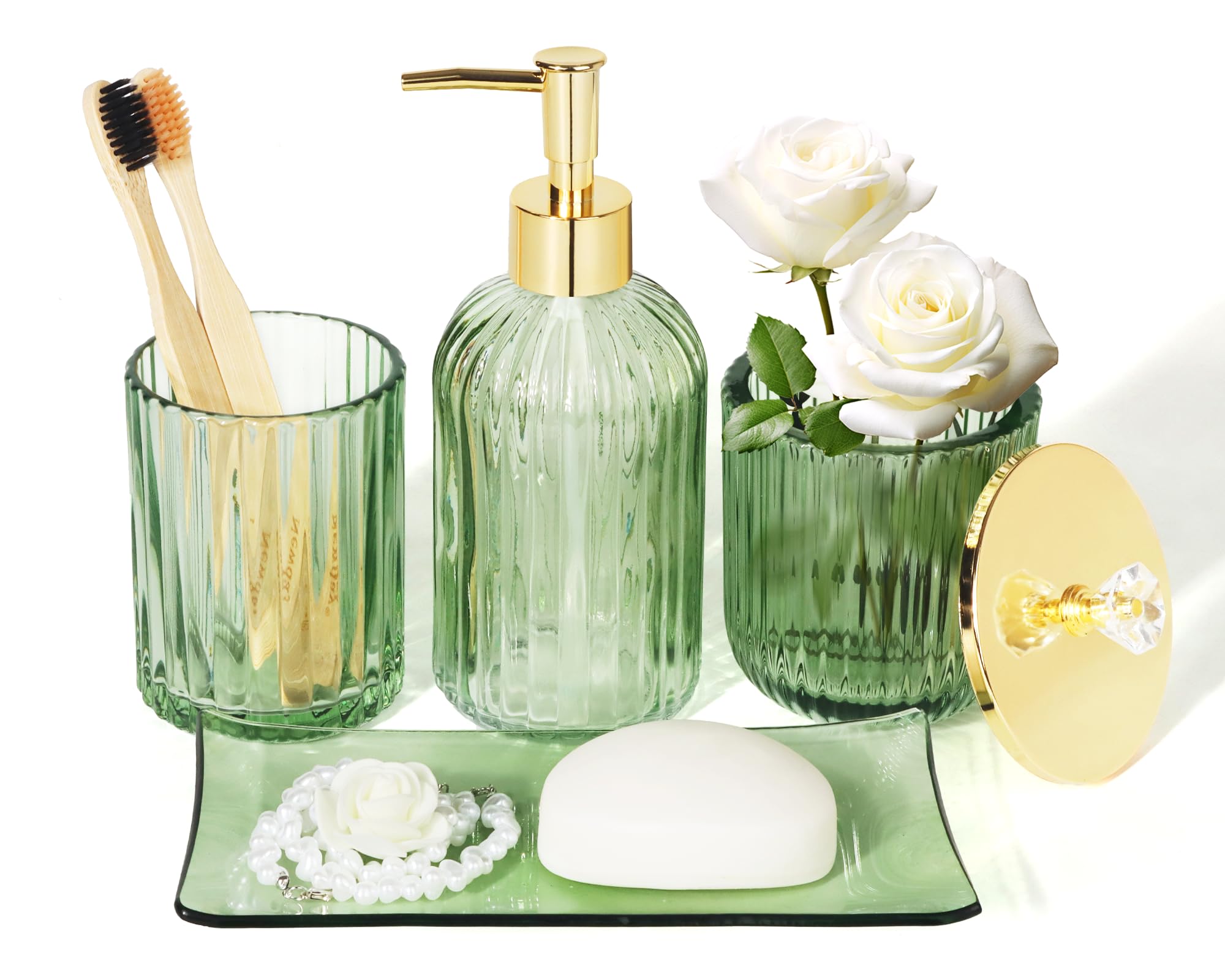 Designer Green Glass Bathroom Accessories Sets - 4 Pcs with Lotion Soap Dispenser, Bathroom Toothbrush Holder, Vanity Tray, and Apothecary Jar, Vintage Bathroom Decor, Gift Countertop Organizer