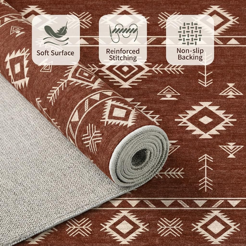 5x7 Area Rug Southwestern Tribal Geometric Rug with Non Slip Backing, Washable Low Pile Red Brown Cream Carpet for Bedroom, Living Room, Dining Room, Home Office