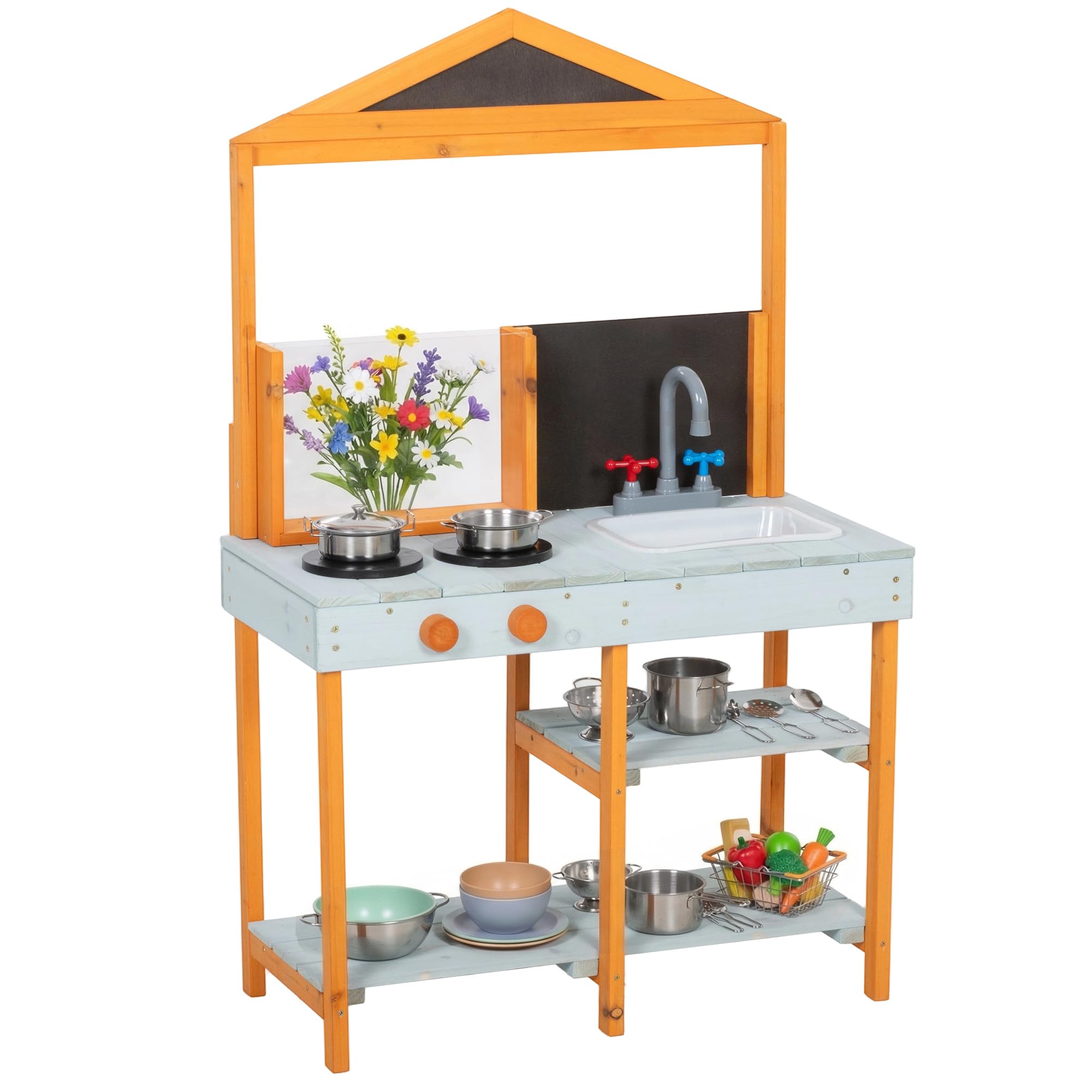 AIYAPLAY Mud Kitchen for Kids, Outdoor Wooden Play Kitchen with Removable Sink, Stove, Cookware Accessories, Storage Shelves, Pretend Play Toy for Boys and Girls Ages 3-8, Light Blue