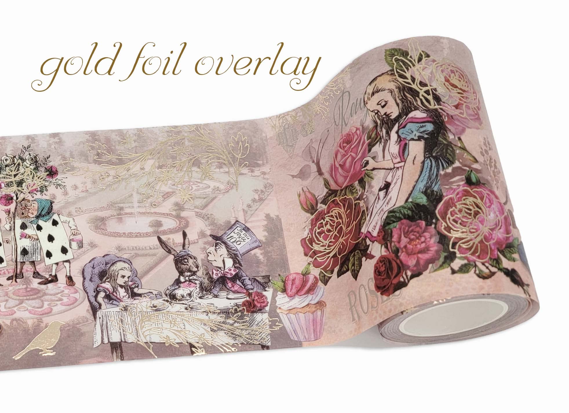 Alice au pays des merveilles - Ruban washi extra large en feuille d'or pour scrapbooking, travaux manuels, journaux, cartes de bricolage, décorations de goûter