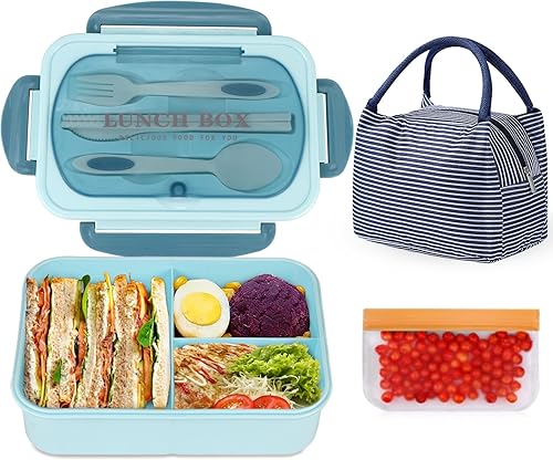 NatraProw Lonchera Bento para adultos con bolsa, contenedores de almuerzo para adultos, sin BPA, lonchera de 3 compartimentos, apta para microondas,